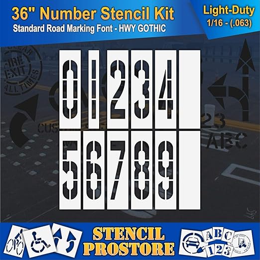 Pavement Stencils - 36 inch Number KIT Stencil Set - (12 Piece) - 36" x 9" x 1/16" (63 mil) - Light-Duty