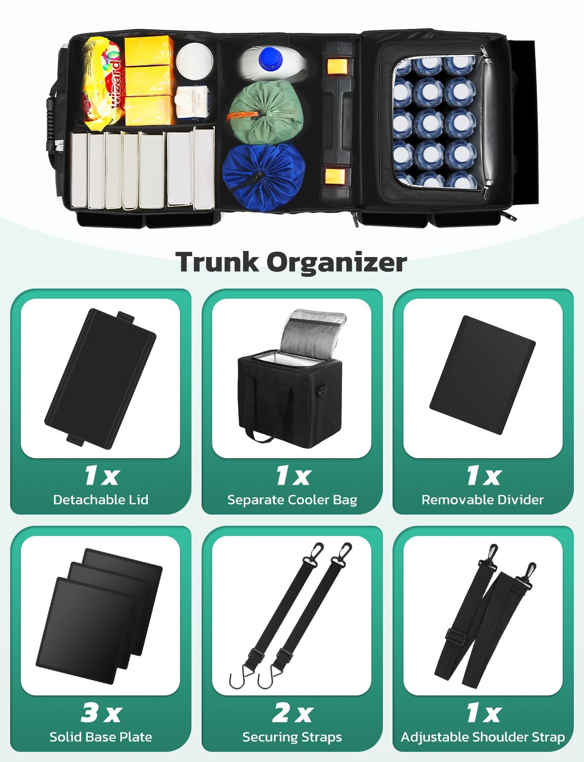 Oasser Trunk Organizer with Cooler Bag 95L, Bearing 110lb No Deformation, Collapsible with Multi Compartments, Removable Insulated Bag, Foldable Lid, Non Slip Bottom, 2 Adjustable Straps (Black&Grey)