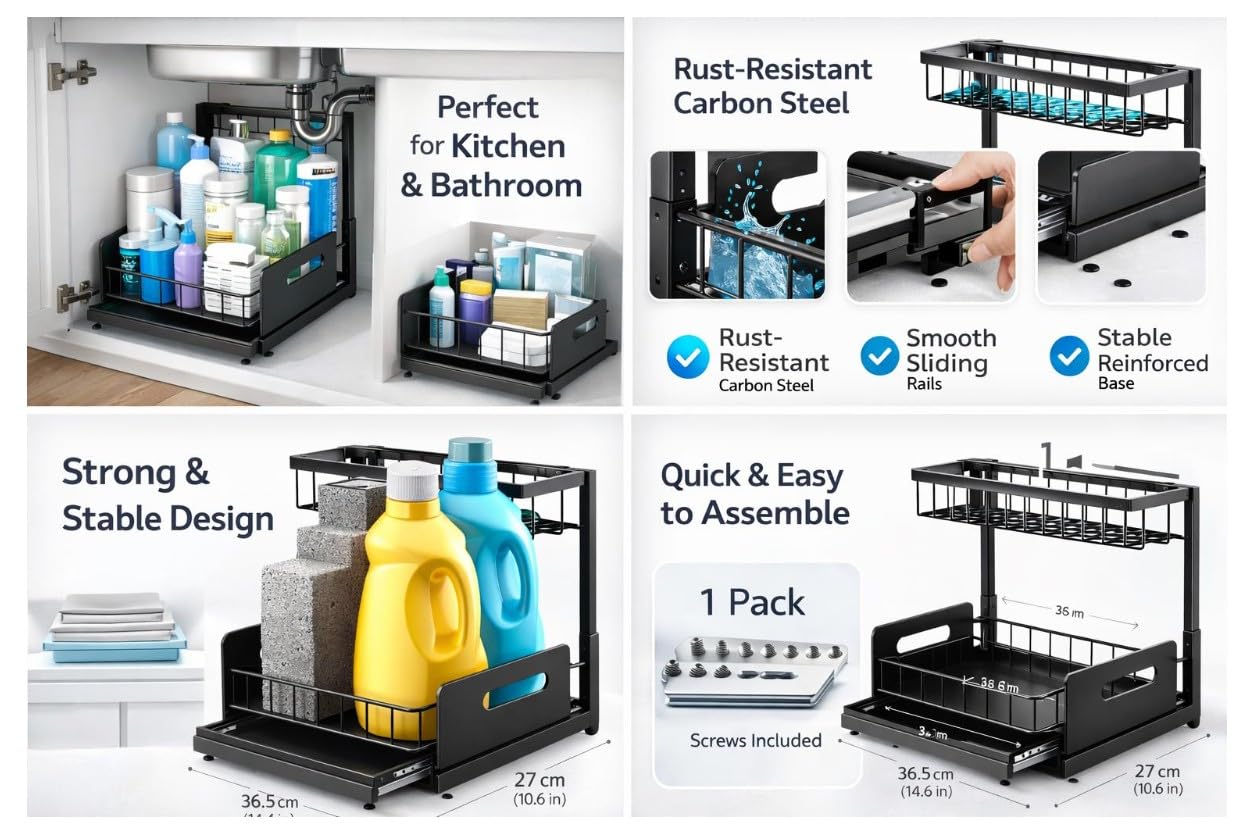 Under Sink Organizer 2 Tier Sliding Storage Rack – Carbon Steel Pull Out Cabinet Shelf for Kitchen & Bathroom, Heavy Duty Metal Under Cabinet Organizer.