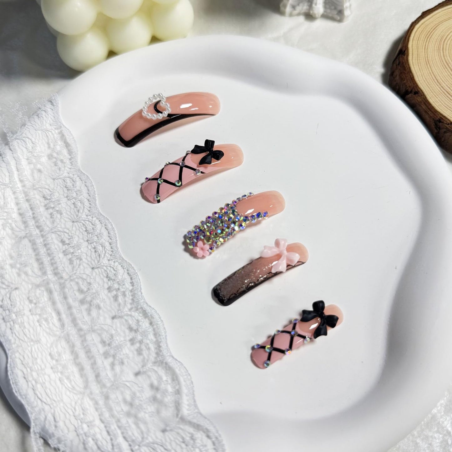 IMSOHOT Curved Press on Nails Long Square Fake Nails Pink Black French Tip False Nails with Bow, Glitter, Rhinestone Designs Cute Acrylic Extra Long Stick on Nails for Women Girls