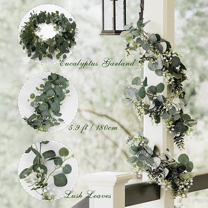 SOMYTING Artificial Eucalyptus Garland with White Flowers 2 Packs 5.9Ft Silver Dollar Leaves Eucalyptus Garland Faux Greenery Vines for Wedding Arch Table Runner Mantle Party Room Decor