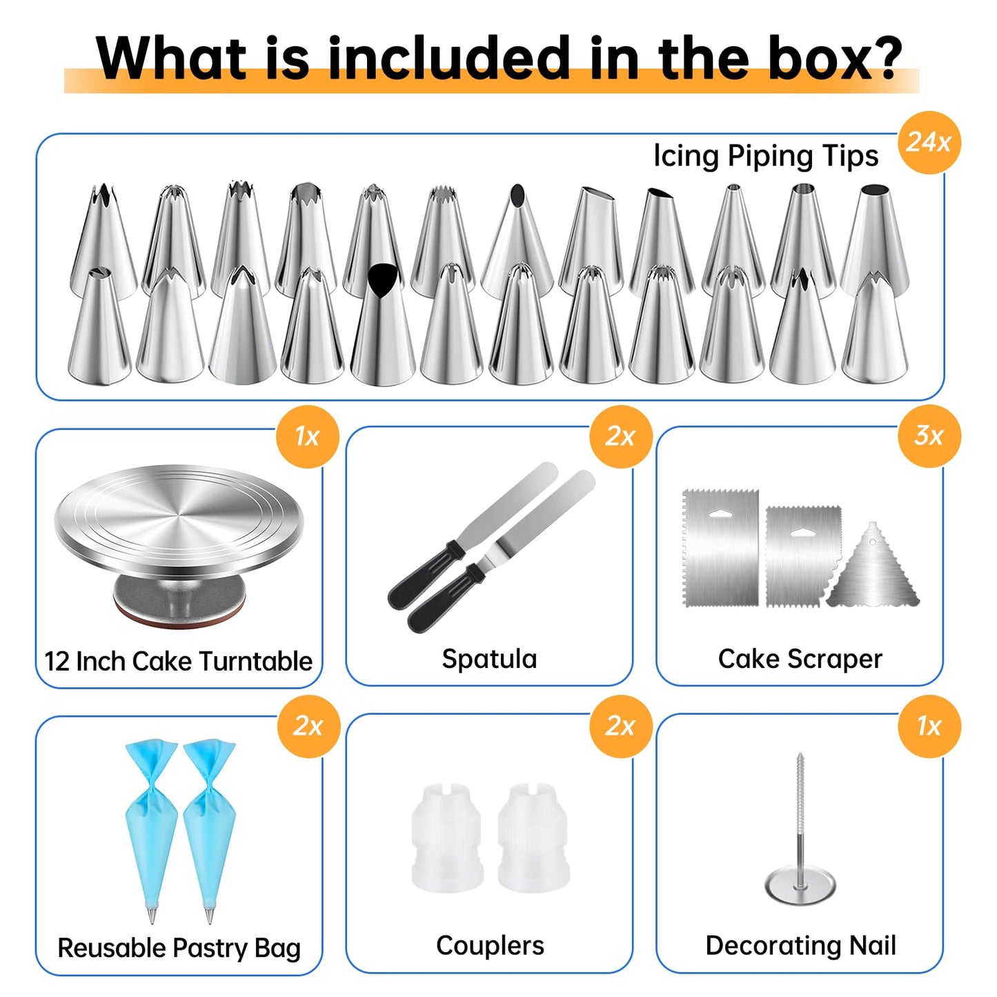 Cake Decorating Kit 35 Pieces - 24 Piping Tips Set with 12 Inch Turntable, Reusable Pastry Bag, Icing Spatula, Scraper, Couplers - Baking Tools for Beginners, Professional Cake Decorating Supplies