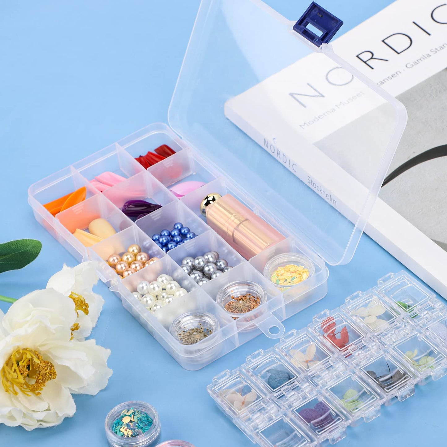 Cosics Rhinestone Organizer Storage Box, 4PCS 15-Grid Small Clear Plastic Jewelry Case, Empty Container Dividers for Nail Art Craft Accessory, Display Holder for Fishing Tackle, Bead, Charms, Sewing