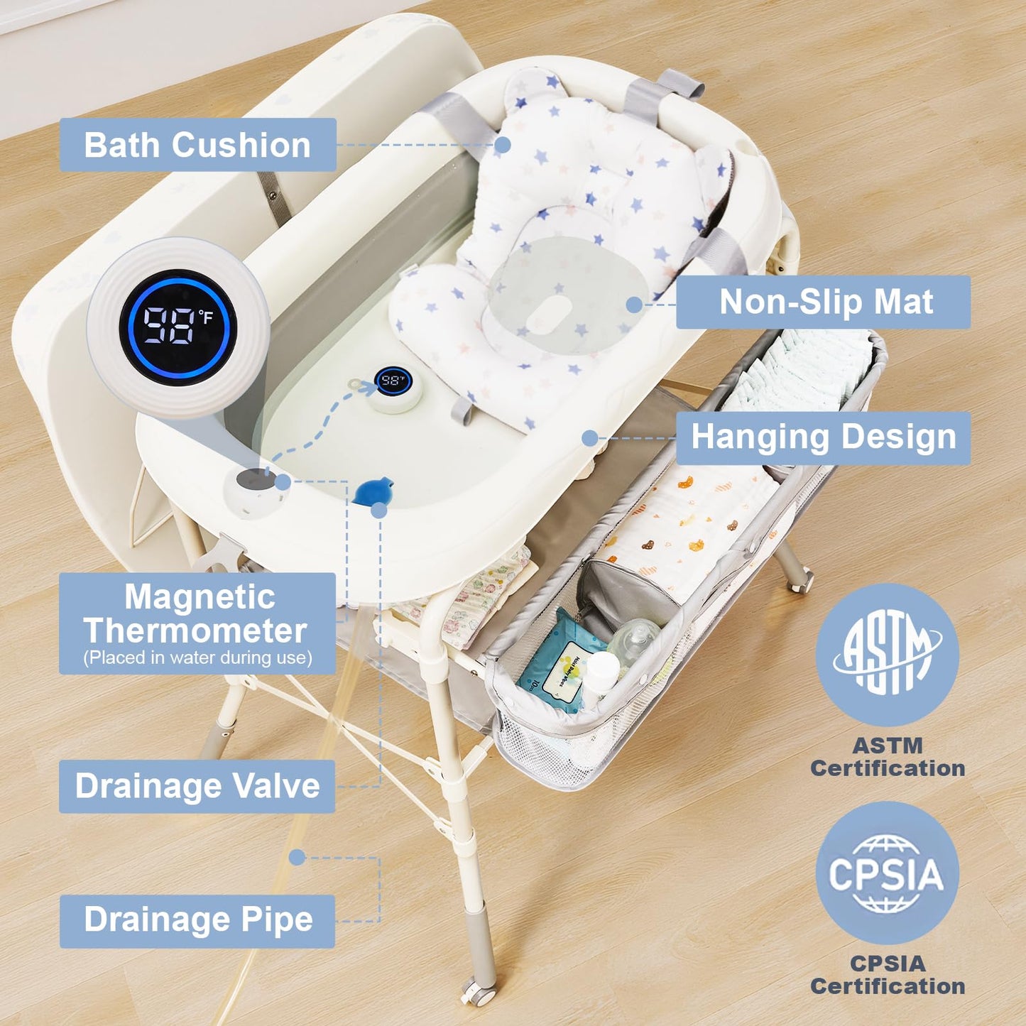 DZMDIP Baby Bathtub with Foldable Changing Table, Standing Infant Bath Tub for Newborn Toddler Shower, Portable Diaper Changing Station with Stand