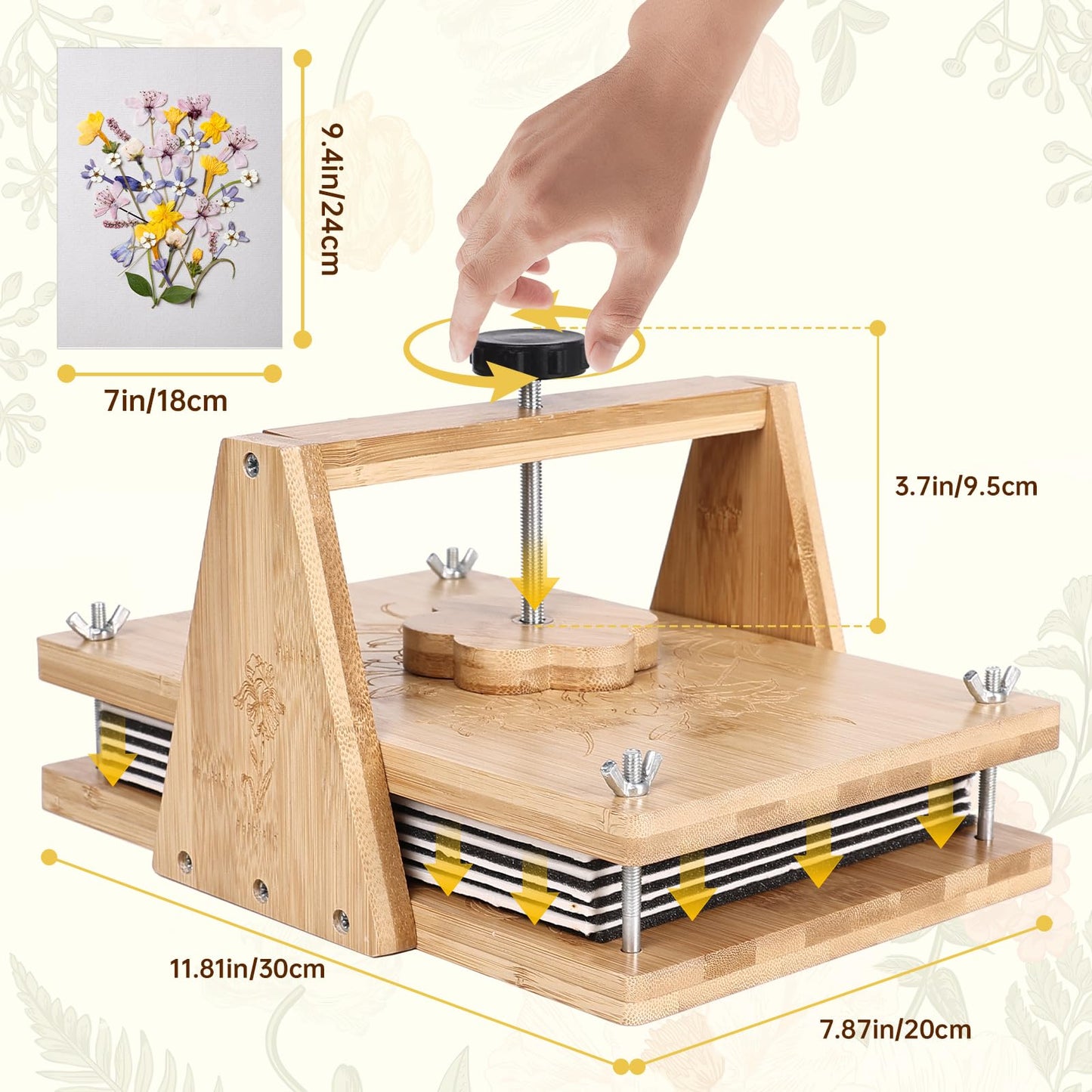 HomdMarket Spring Flower Press Kit - 12"x8" Wooden Press with 6 Layers & Even Pressure, Includes Tools & Archival Envelopes for Dried Flowers, Wedding, Resin Art
