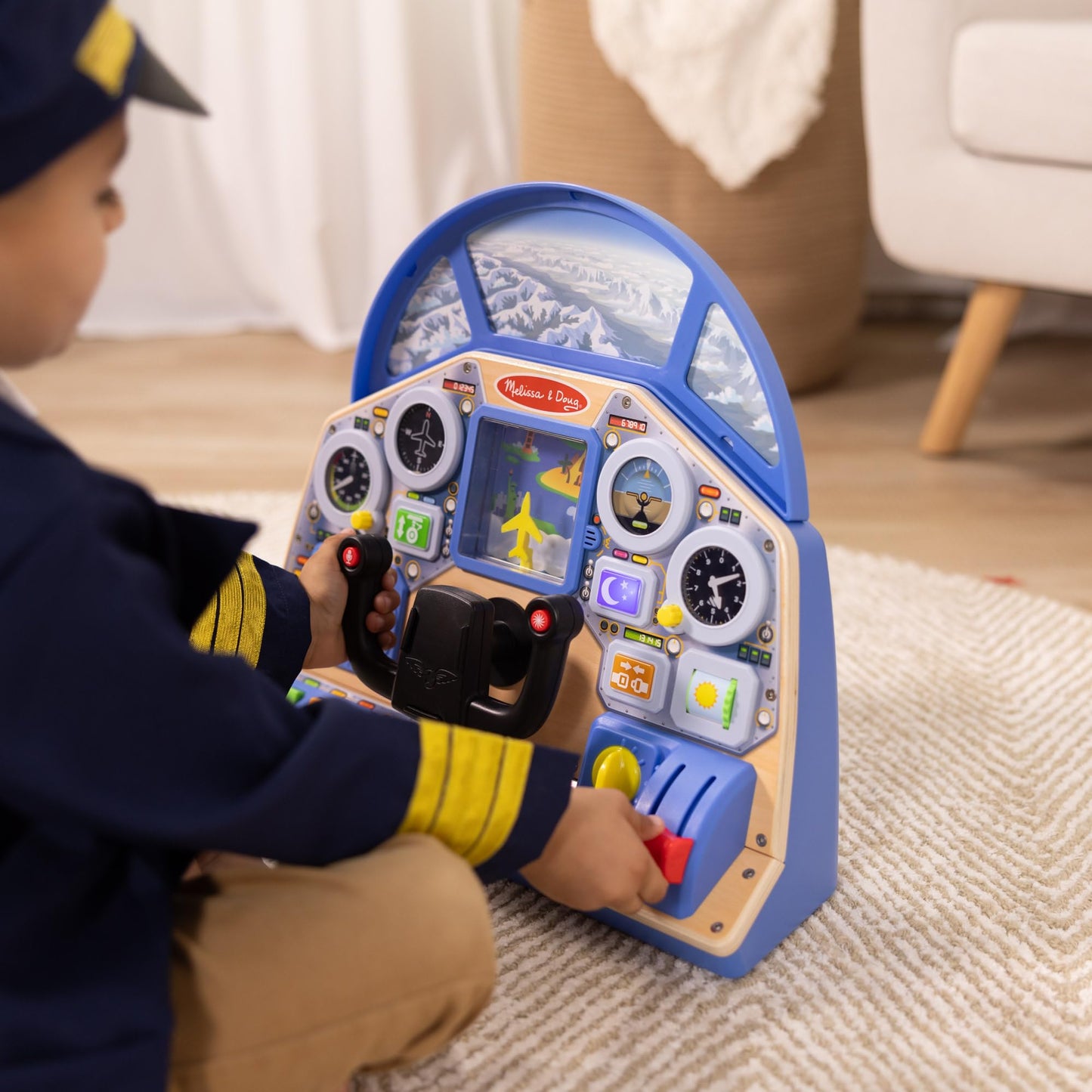 Melissa & Doug Jet Pilot Interactive Dashboard Wooden Toy for Boys and Girls Ages 3+ Cockpit Steering Wheel Pretend to Fly Experience, Fidget Buttons - FSC Certified