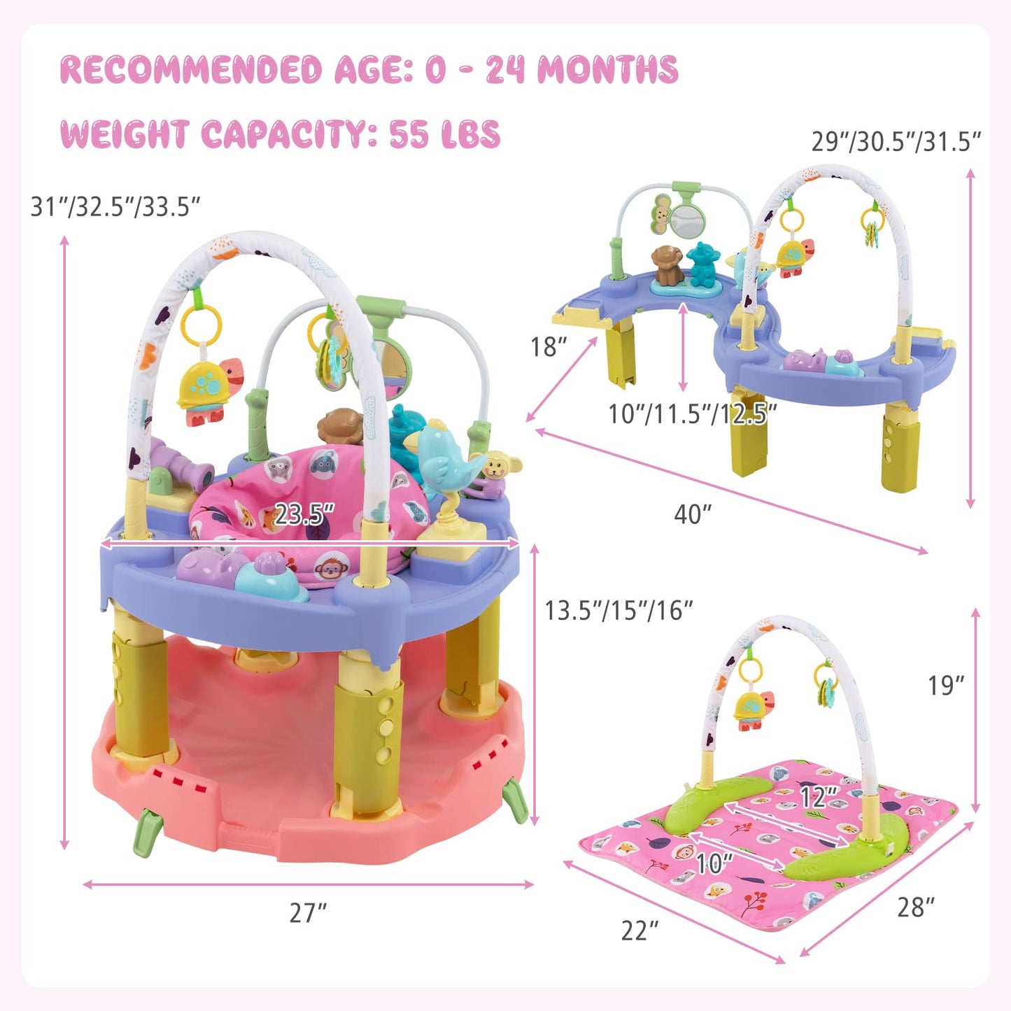 BABY JOY Baby Bouncer Activity Center, 3 in 1 Activity Center & Table | Infant Play Mat, Bouncing Activity Saucer w/Music, 3 Adjustable Height, 360° Seat for Babies 0-24 Months (Pink)