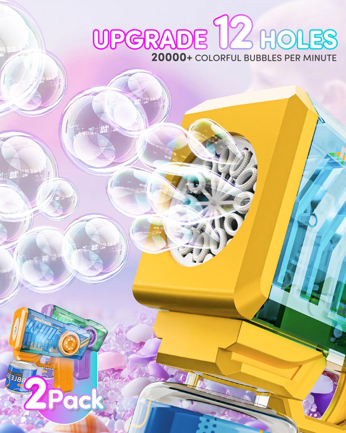 Snowalva Bubble Gun 2 Packs for Kids, Automatic Bubble Machine with 2 Bottles &25 Bags Refill Solution, LED Light Bubble Maker Gifts for Kids Boys&Girls Ages 3+ Thanksgiving Christmas
