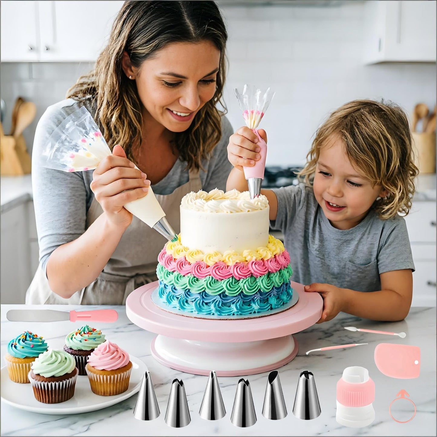 ANSLYQA Cake Decorating Kit, 298 Pcs with Cake Turntable, Leveler, 24 Numbered Icing Tips, 2 Spatulas, 3 Scrapers, 8 Carved Pens, 100 Pastry Bags, 100 Cupcake Liners & More Baking Tools, (Pink)
