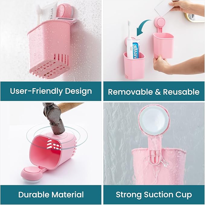 TAILI Suction Toothbrush Holder, Shower Toothbrush Holder for Wall, Powerful Toothpaste Toothbrush Suction Cup, Self-draining Shower Razor Holder, Kitchen Tableware Holder, 2 Pack, Pink