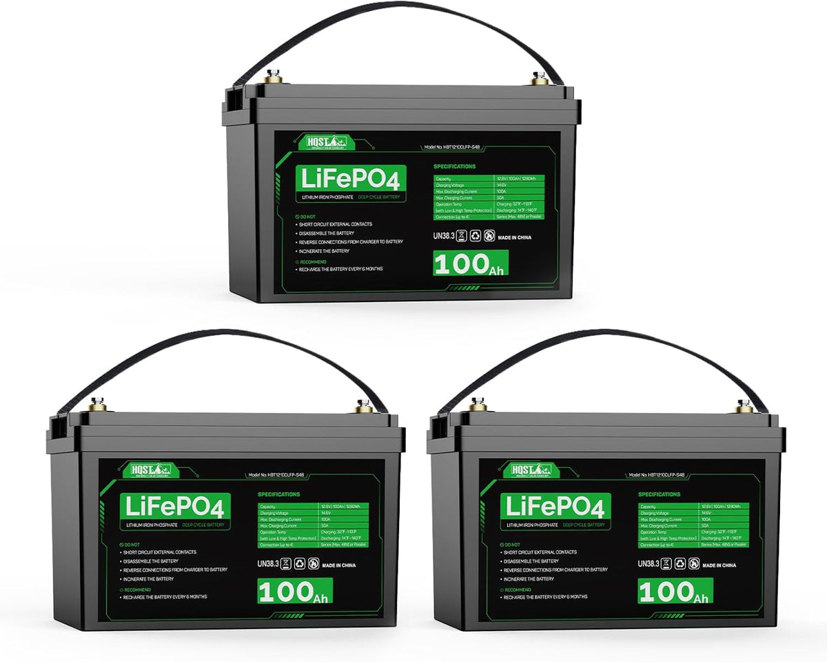 HQST LiFePO4 Battery 100ah Lithium Battery, 12V Lithium Iron Phosphate Battery Deep Cycle Marine Battery, 10 Year Lifetime with Low & High Temp Protection for RV, Trolling Motor, Boat-3 Pack