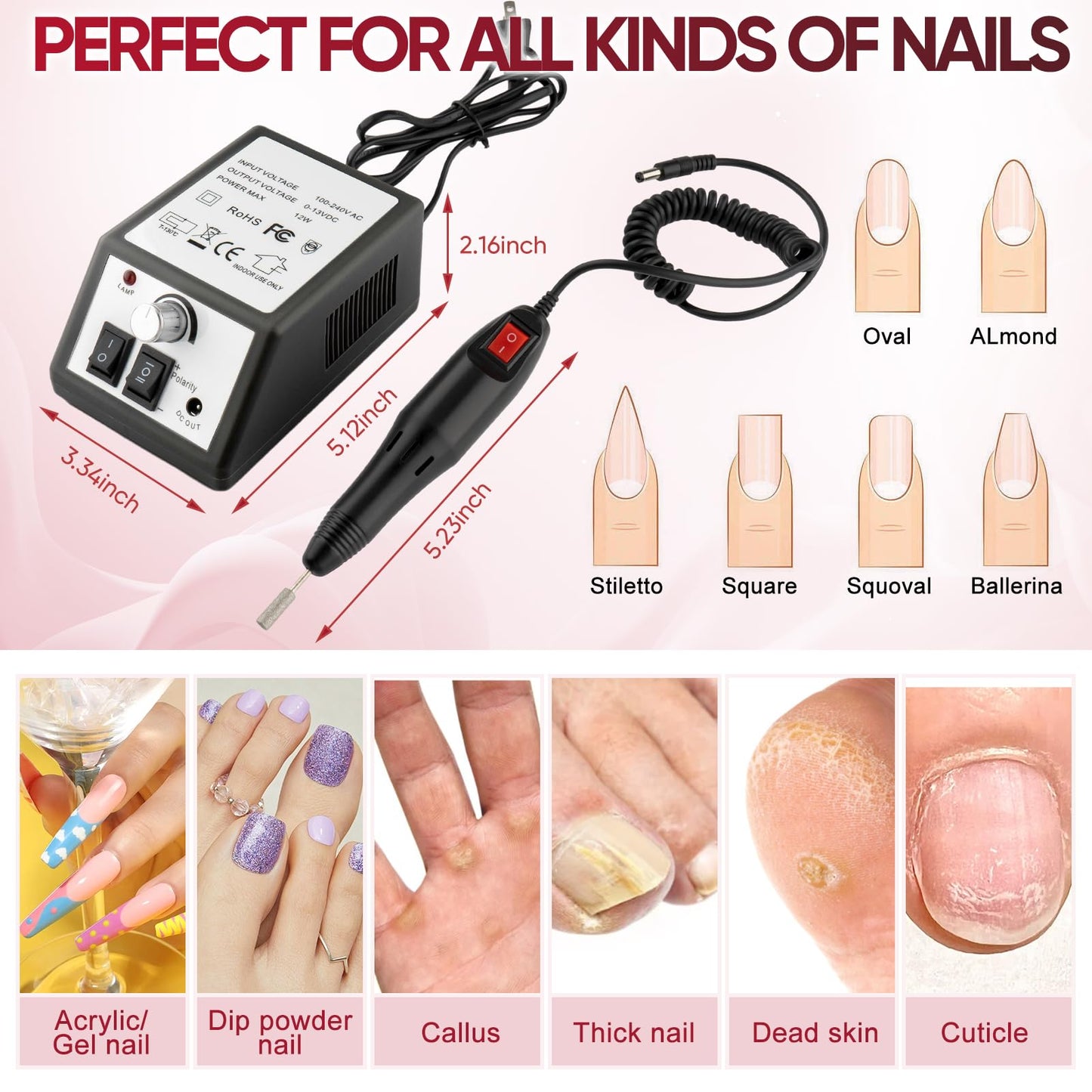 Electric Nail Drill Machine Professional Nails File Kit for Acrylic Nail Gel Dip Powder Art Shape Remover Tool Polisher Grinder Low Noise Manicure Pedicure Set with 156pcs Sanding Bands (Black)
