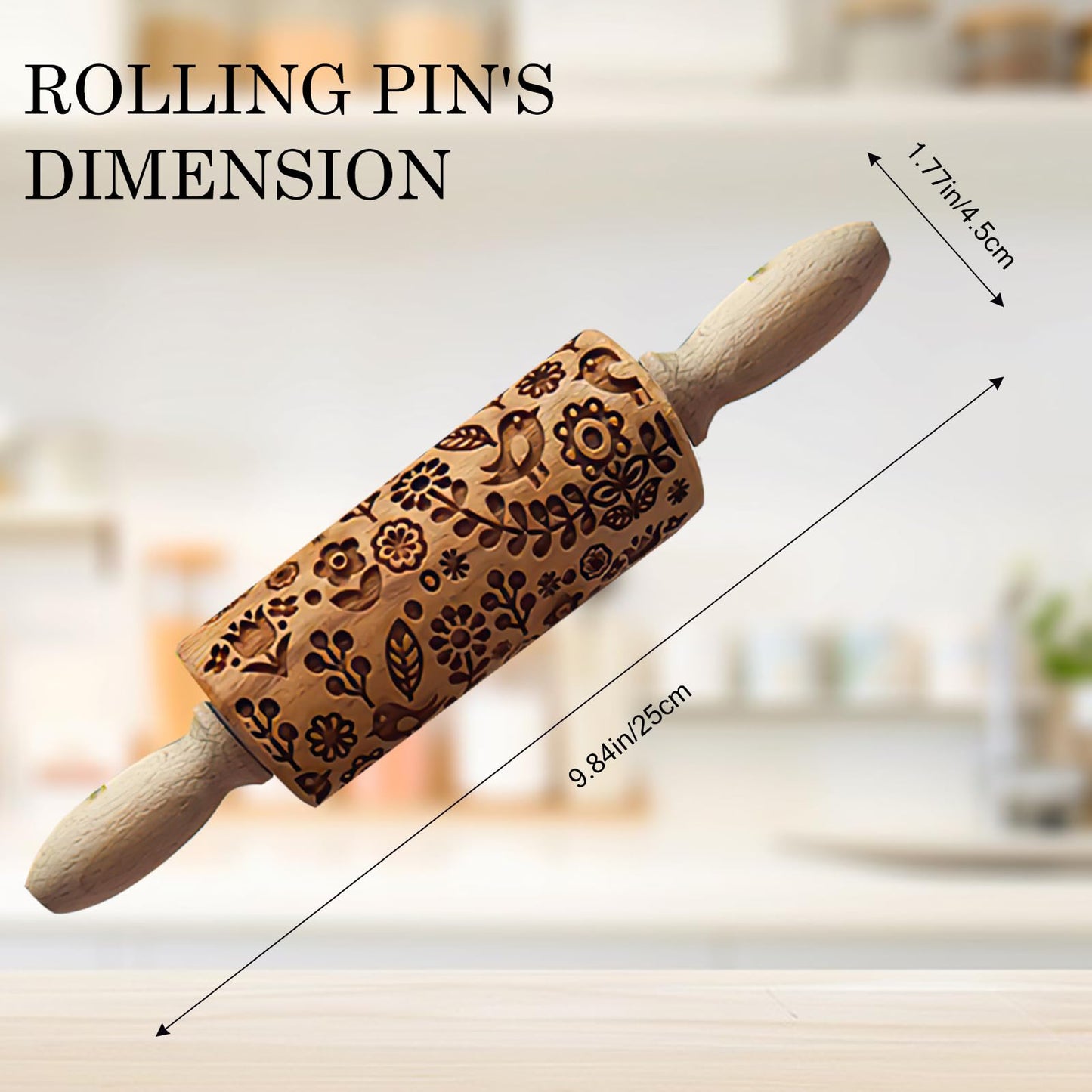 Deep Engraved Bird & Flower Rolling Pin – Embossed Cookie, Clay & Dough DIY Tool, Handcrafted Texture Roller for Baking & Crafts
