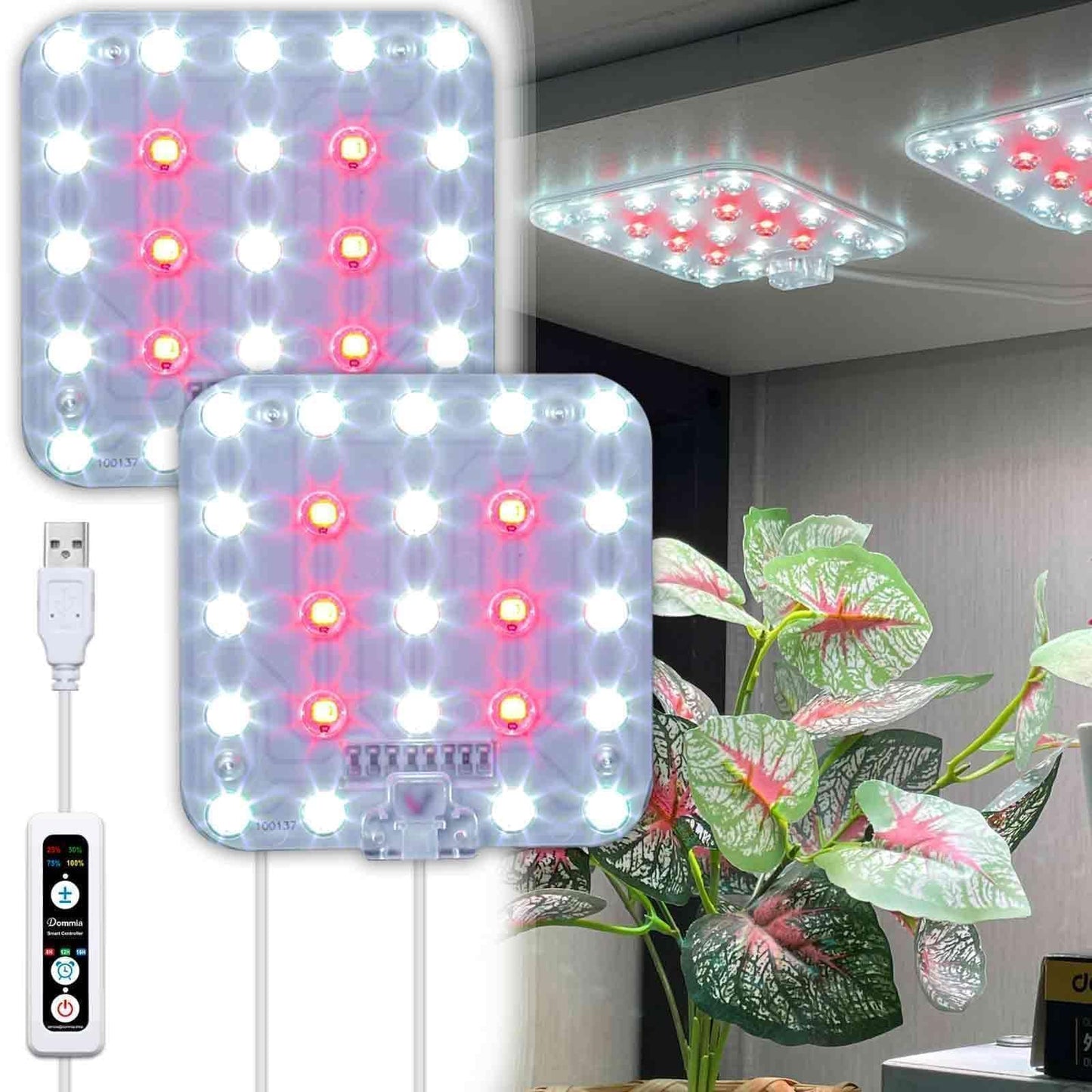 DOMMIA Full Spectrum LED Grow Light for Indoor Plants, 2 Panels 10W with 6/12/16h Timer Dimmable Plant Lights for Flower Veg Plant Growth USB, Daylight White, 1-Pack