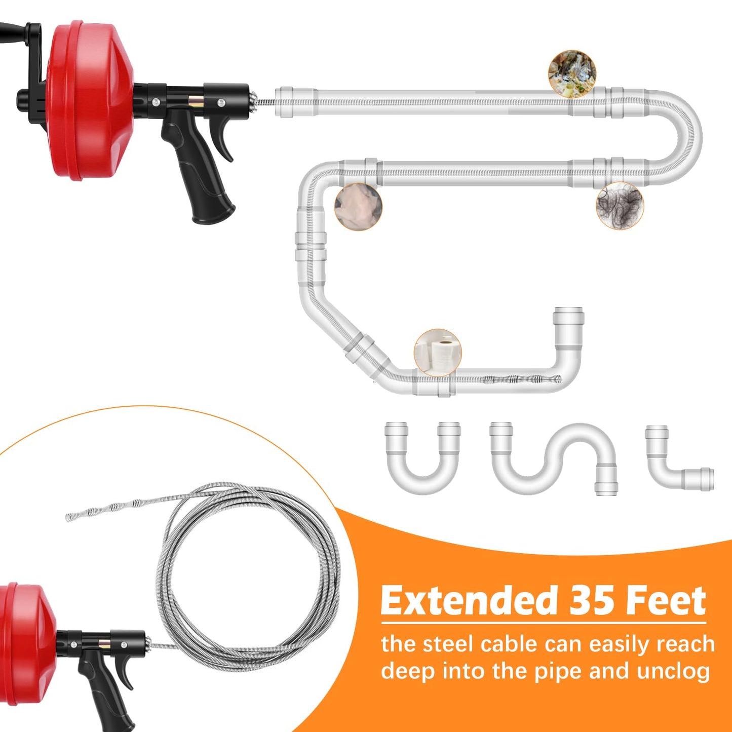 35 FT Double Mode Drain Snake Tools, 14-in-1 Drain Auger for Sink and Drain Unblocking, Plumbing Snake for Kitchen, Bathrom and Shower Sink, Snake for Real DYIs【Upgraded】