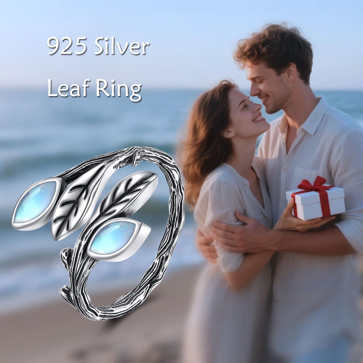 POPLYKE Leaf Moonstone Ring Sterling Silver Boho Adjustable Open Ring Gemstone Spoon Ring Vintage Thumb Rings for Women