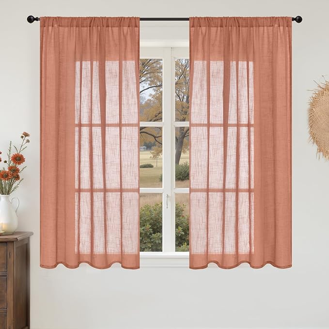 BGment Terracotta Short Linen Curtains 48 Inch Length, Burnt Orange Light Filtering Drapes Semi Sheer with Rod Pocket Rustic for Small Living Room Bedroom Lightweight, 2 Panels Set, Each 42 Inch Wide