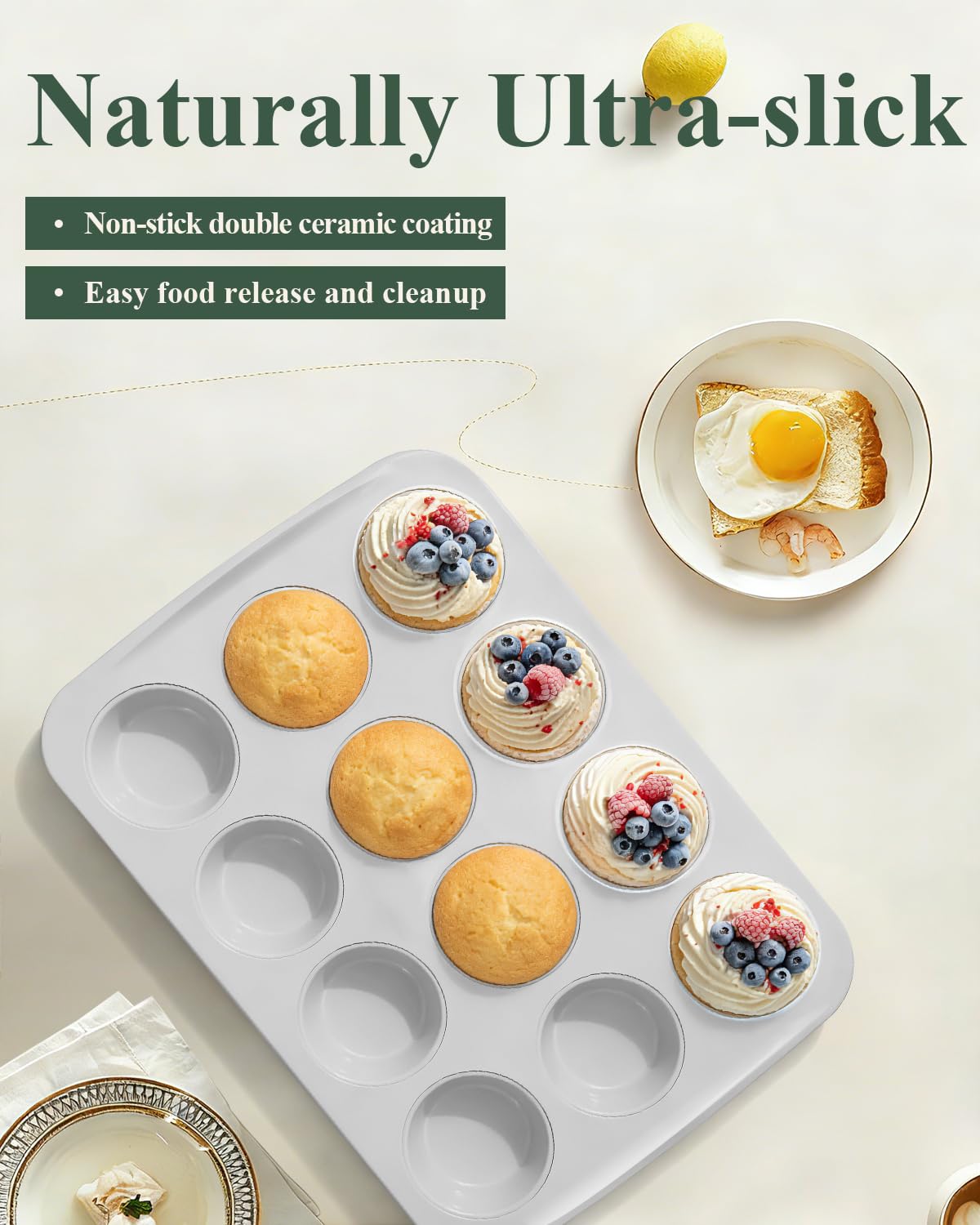 Ymiton Nonstick Ceramic 12 Cup Muffin Pan, Cupcake Pan for Baking, Non-Toxic Muffin tin, Ceramic Coating, PTFE & PFOA Free, Oven Safe 550°F, Aluminized Steel (Yellow)