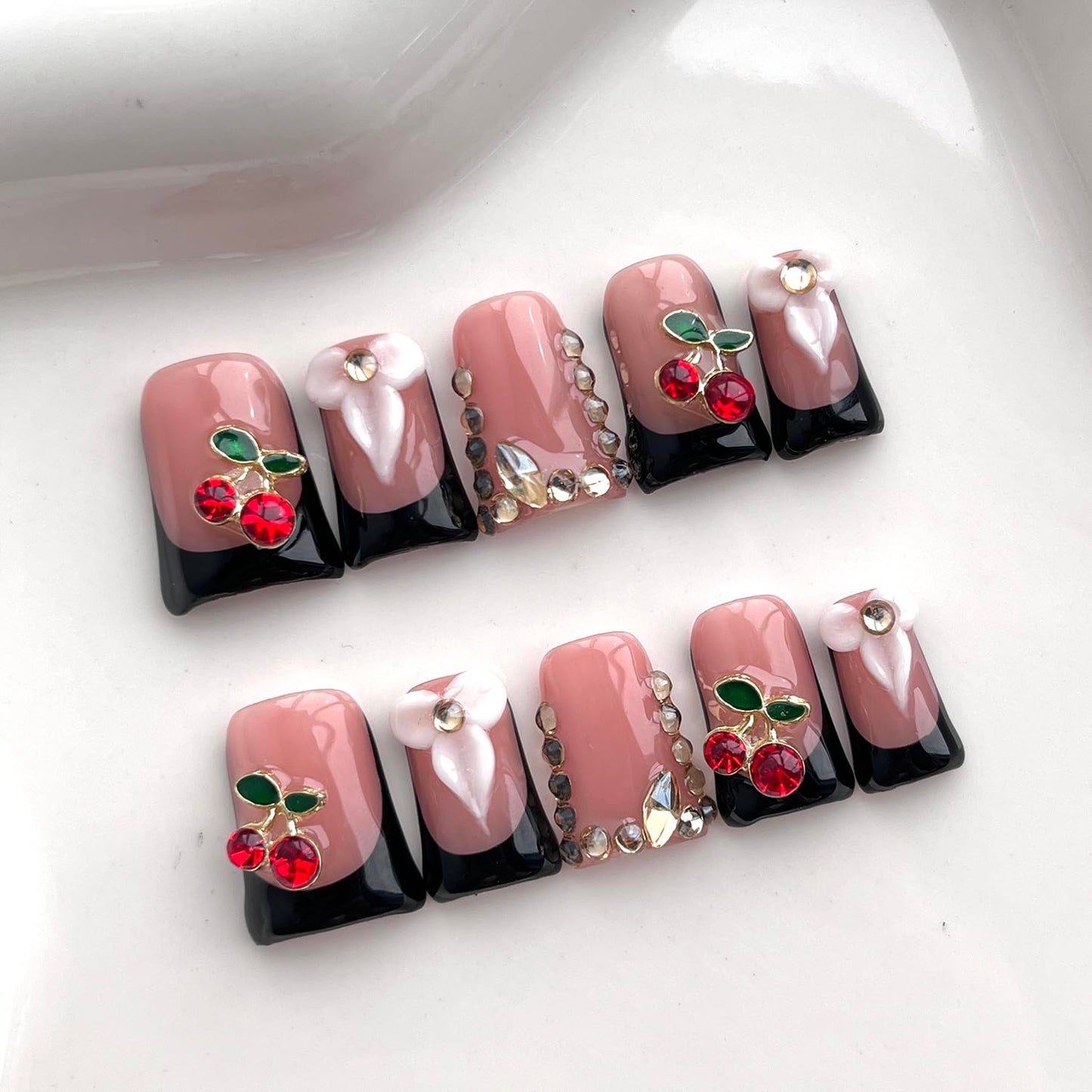 Black French Tip Press on Nails Short Duck Handmade Acrylic Nails 3D Floral Thick Fake Nails with Rhinestones Flower Cherry Designs Elegant Sturdy Art False Press on Nail 10Pcs(S)