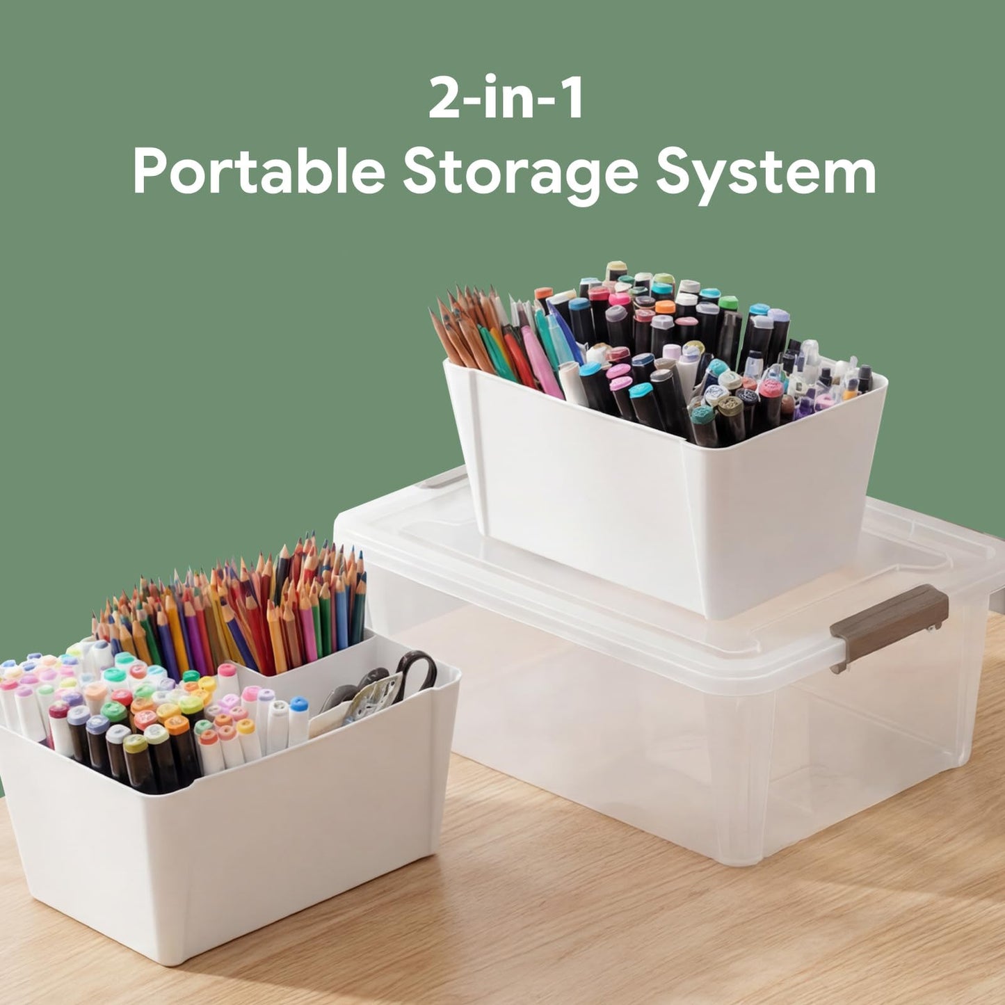 MACOPRO 17QT Craft Storage Box with 2 Removable Caddy Trays, Clear Stackable Plastic Organizer with Lid for Art Supplies, Beads, Sewing Tools, Pens & Kids Toys (White, 1Pack-2-in-1)
