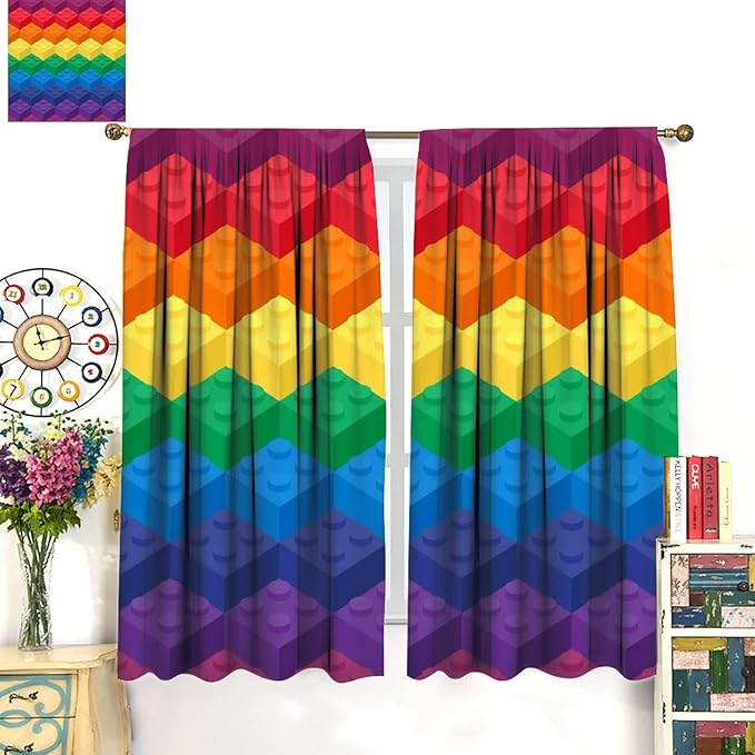 Colorful Building Blocks Cartoon Toy Printed Curtains, Bedroom, Living Room, Architecture, Curtains, Fun Brick 3D Design Curtains, Children's Living Room, Window Treatment Panels 2 Panels 72x63in
