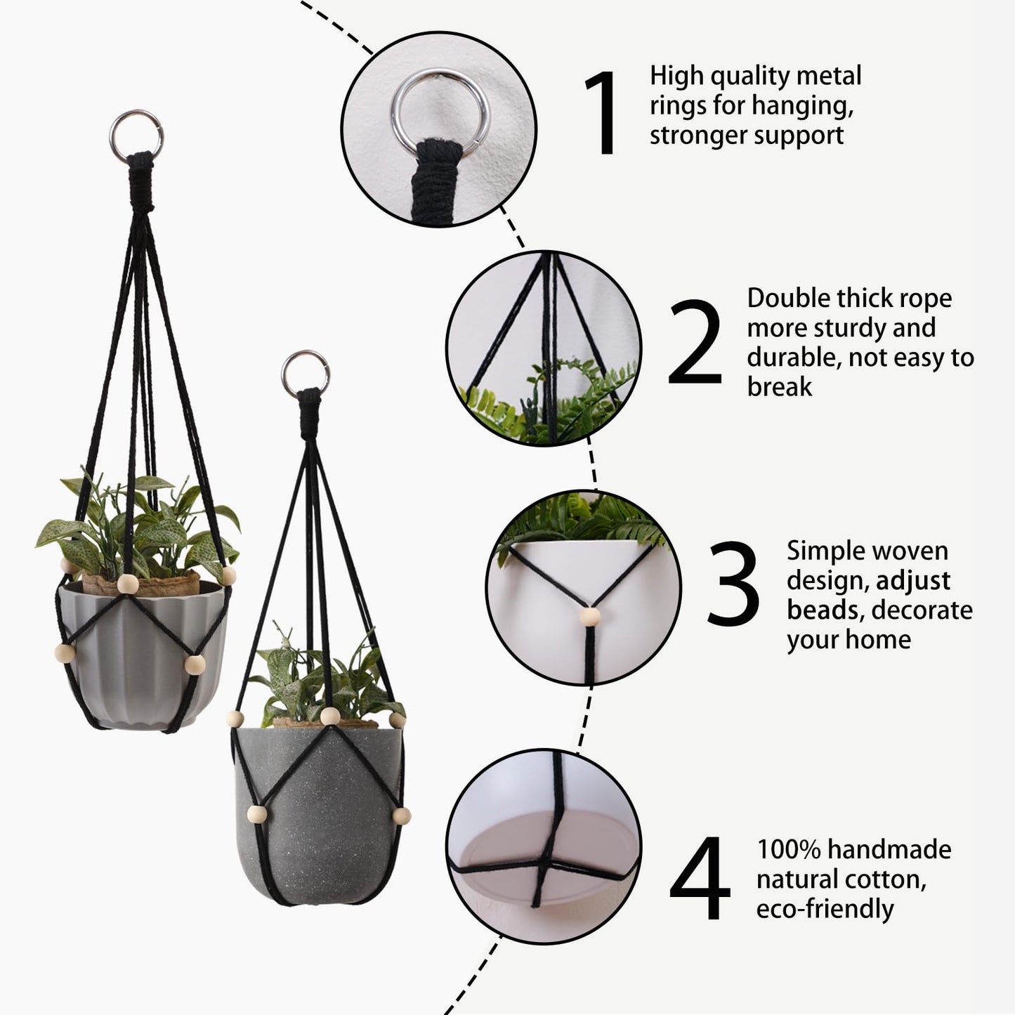 Artilady Black Hanging Planter for Indoor Plants Macrame Plant Hanger Large Hanging Plant Holder Basket with Adjustable Beads Outdoor Window Boho Plant Wall Decor (Black Bead-2pcs)