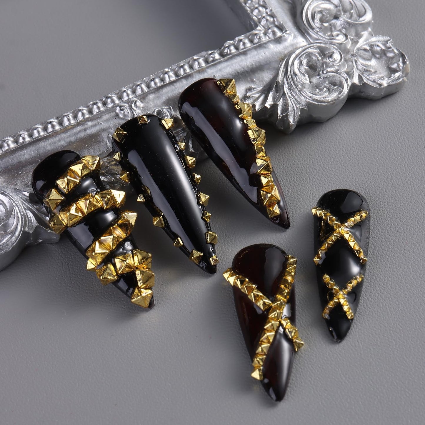 Furtherpretty Cone Spike Nail Charms Set, 3D Tiny Metal Square Pyramid Studs for Nails, Mixed Sizes Gold & Gunmetal Flat Back Punk Nail Charms, Gothic Y2K Rock Edgy DIY Manicure Decorations