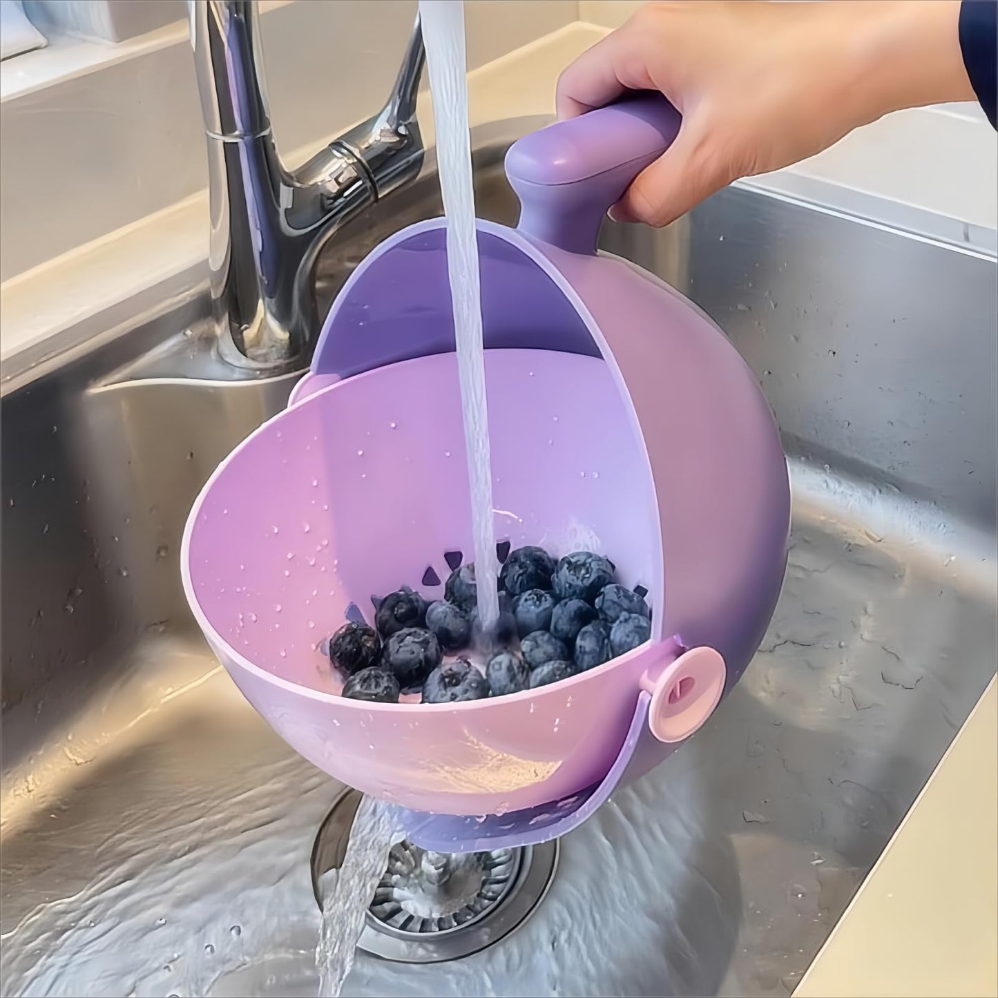 Elite Aiwei 2-1 Kitchen Colander Rotating Washing Basket with Handle -home & kitchen Food Strainers and Colanders-Pasta Strainer-fruit and vegetable washing bowl-kitchen must haves (Lilac Purple)