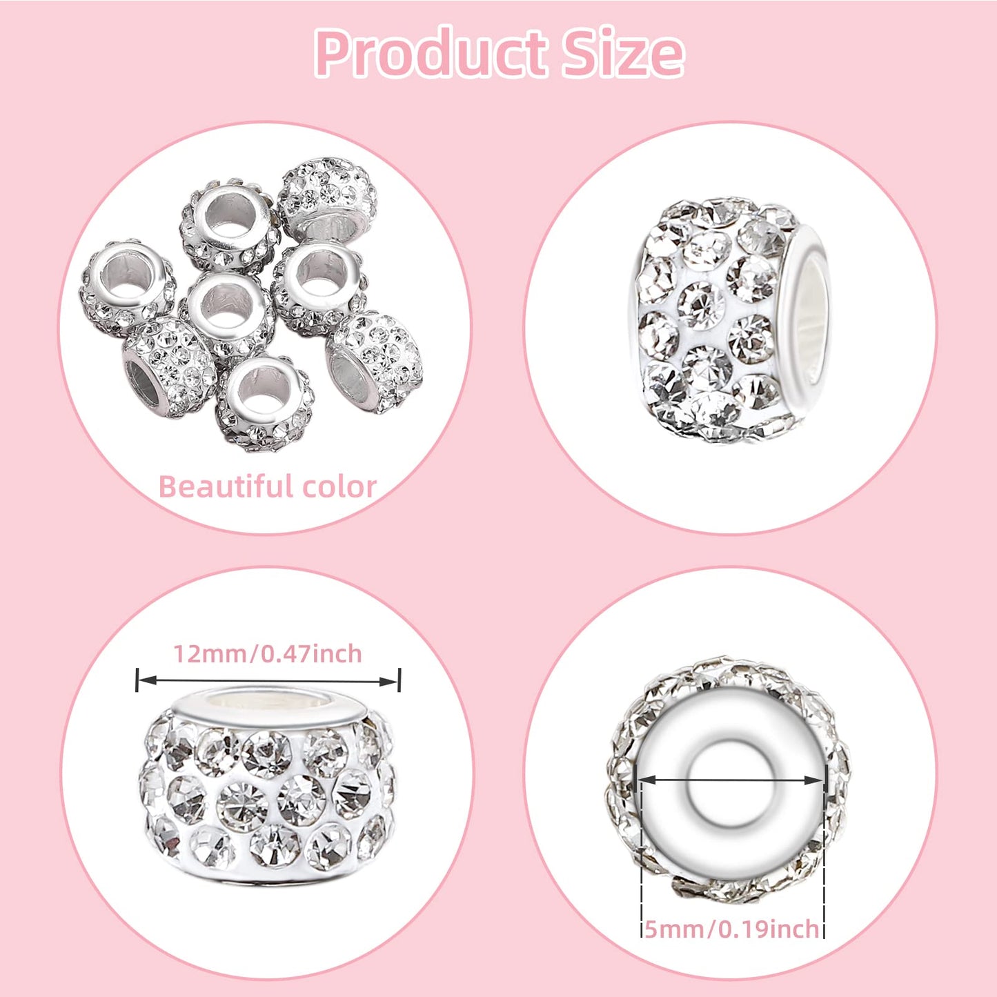 200 PCS European Large Hole Beads Rhinestone White European Beads Crystal Large Hole Craft Beads for DIY Charms Bracelet Jewelry Making