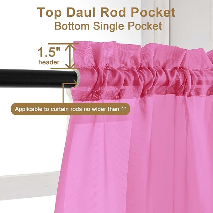 Chyhomenyc Sheer Curtains 108 Inch Length 2 Panels Set, Extra Long Light Filtering Solid Voile Window Drapes for Living Room Bedroom, 42Wx108L, 9FT Length, Set of 2, Hot Pink