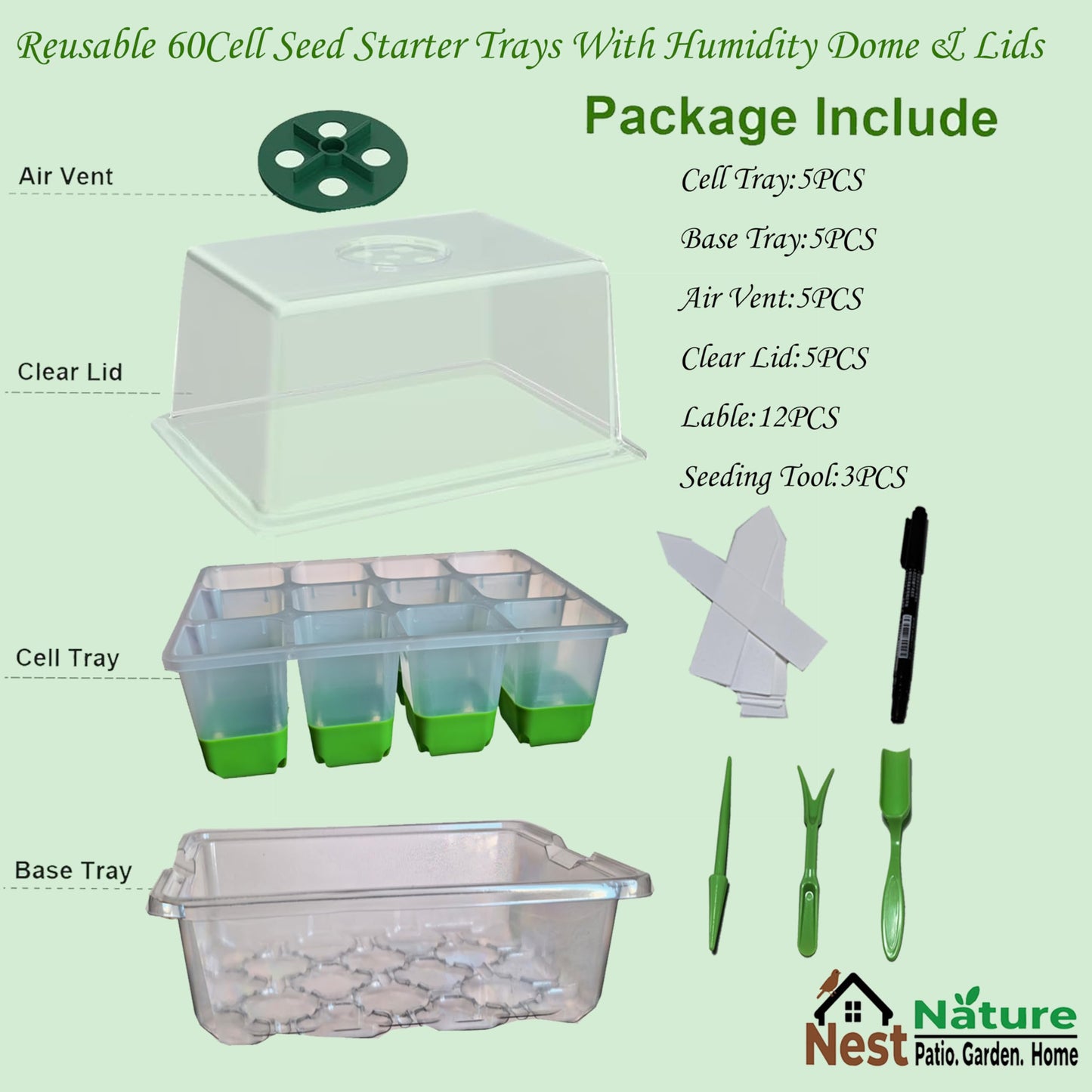 5-Pack Flexible Germination Trays,Reusable 60Cell Seed Starter Trays With Humidity Dome & Lids , Flexible Pop-Out Design, BPA-Free Silicone Seedling Kit & Dishwasher Safe for Herbs/Vegetables/Flowers
