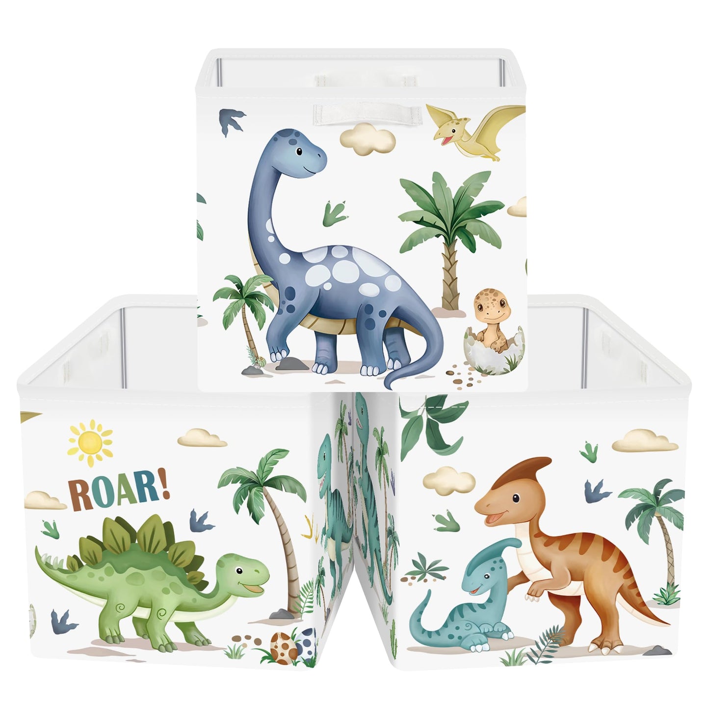 Clastyle 3 Pack 11.8'' Fabric Dinosaur Storage Basket for Shelves Collapsible Closet Organizers with Metal Frame Bottom Board Large Kid Clothes Toy Book Cube Bin for Playroom Bedroom,Boho