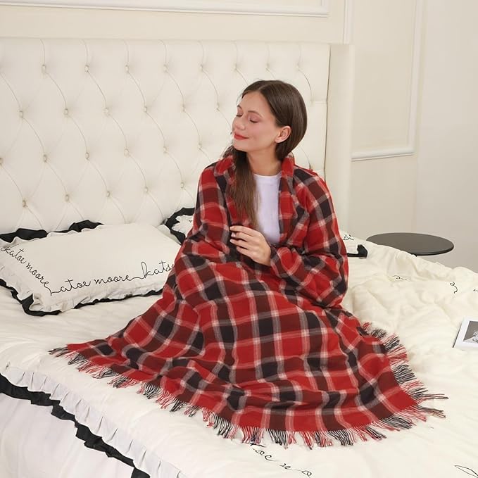 Throw Blanket Plaid with Carry Bag | Soft Wool Travel Blanket 55"x83" 1.5lbs | Red and Brown Plaid Decorative Throw for Couch, Camping & Gift