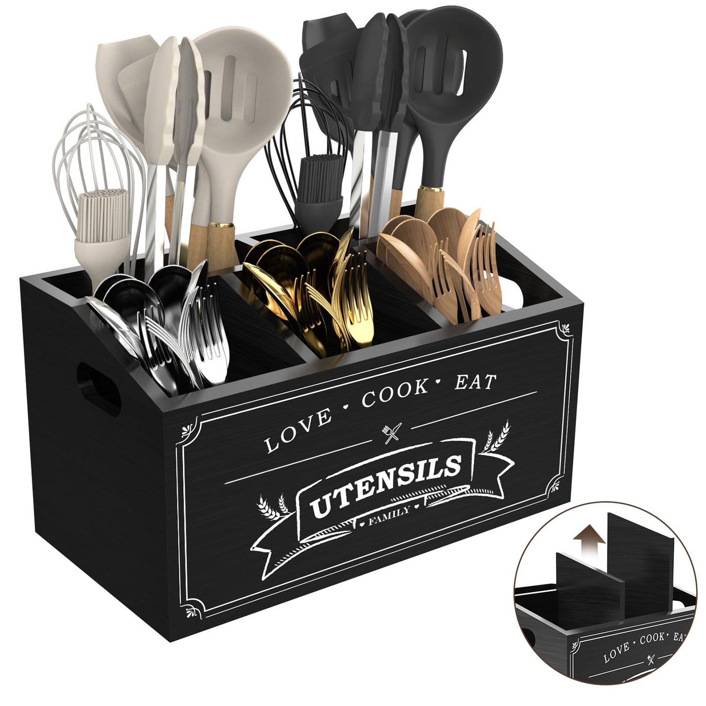 COAZEX Large Kitchen Utensil Holder with 5 Compartments, Wooden Cooking Utensil Holder for Countertop or Wall Mount, Rustic Farmhouse Utensil Caddy for Silverware, Forks, Spoons, and Spatulas (Black)