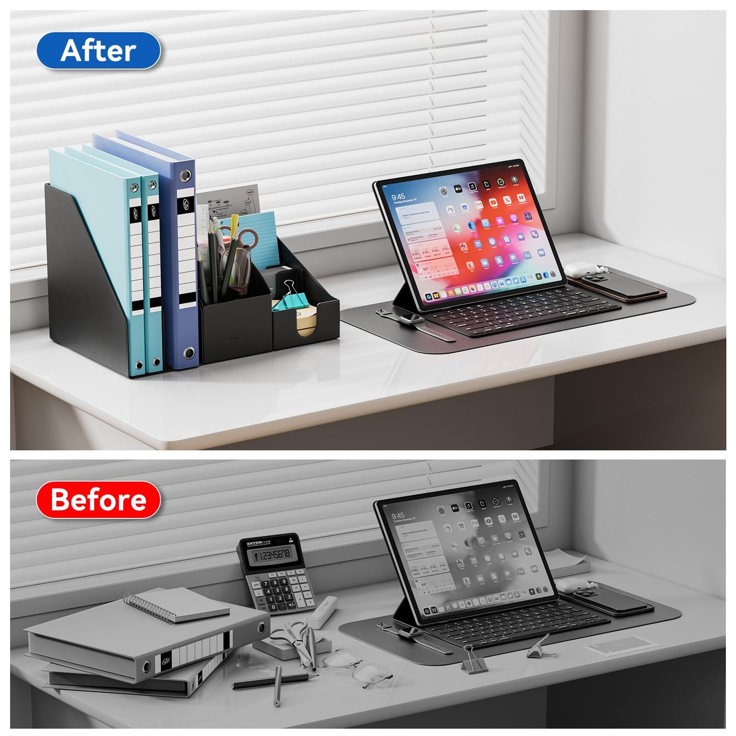 KONDOUND Magnetic Desk Organizer Set - Multifunctional PU Leather Desktop Storage with File Holder, 5-Tier Storage Box, Card and Sticky Note Slots, Office Supplies Accessories for Desk & Workspace