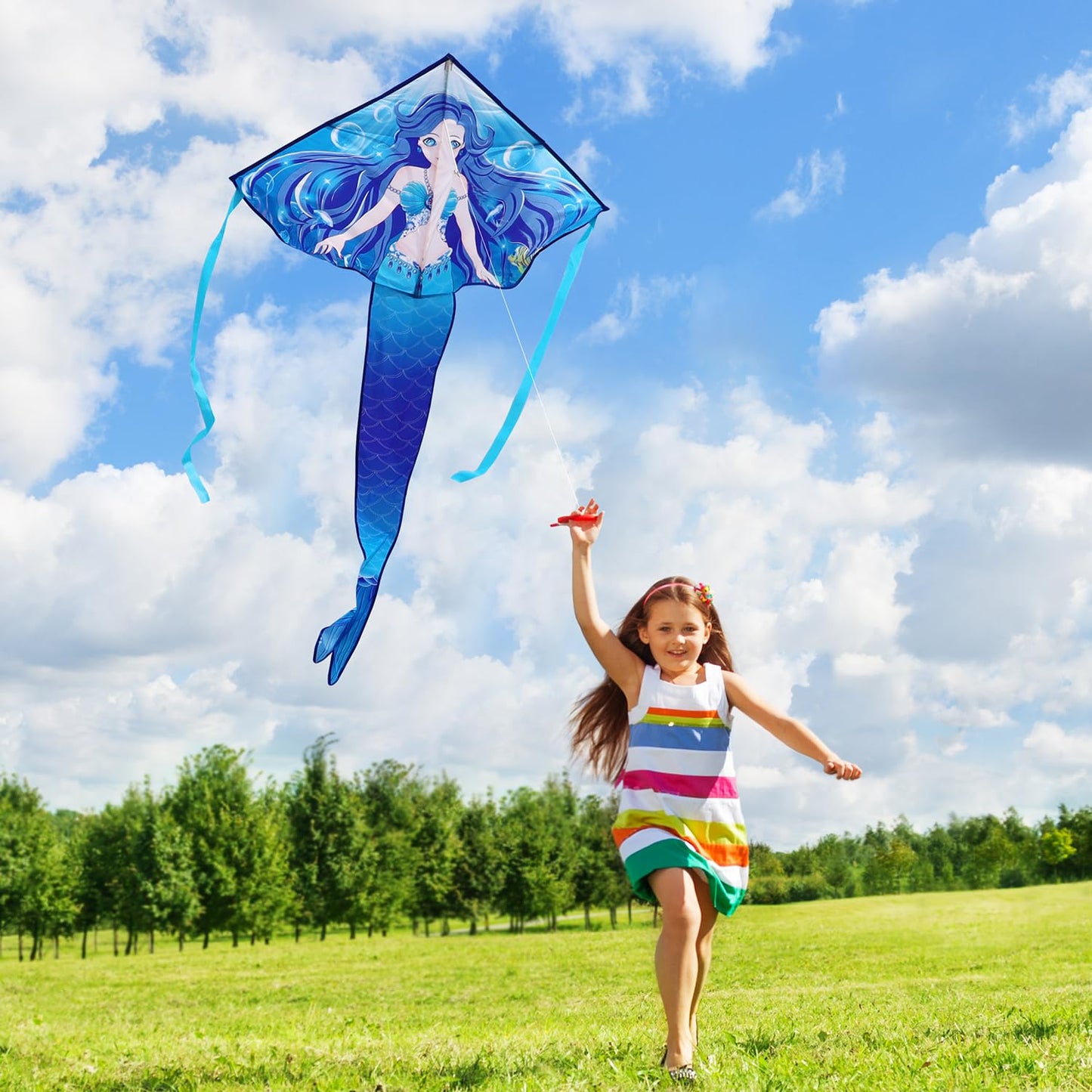 HONBO Large Mermaid Kite for Kids & Adults, Easy to Fly Delta Kite,Beginner Kite for Girls &Boys, Beginner Kite for Kids Ages 4-8(Blue)