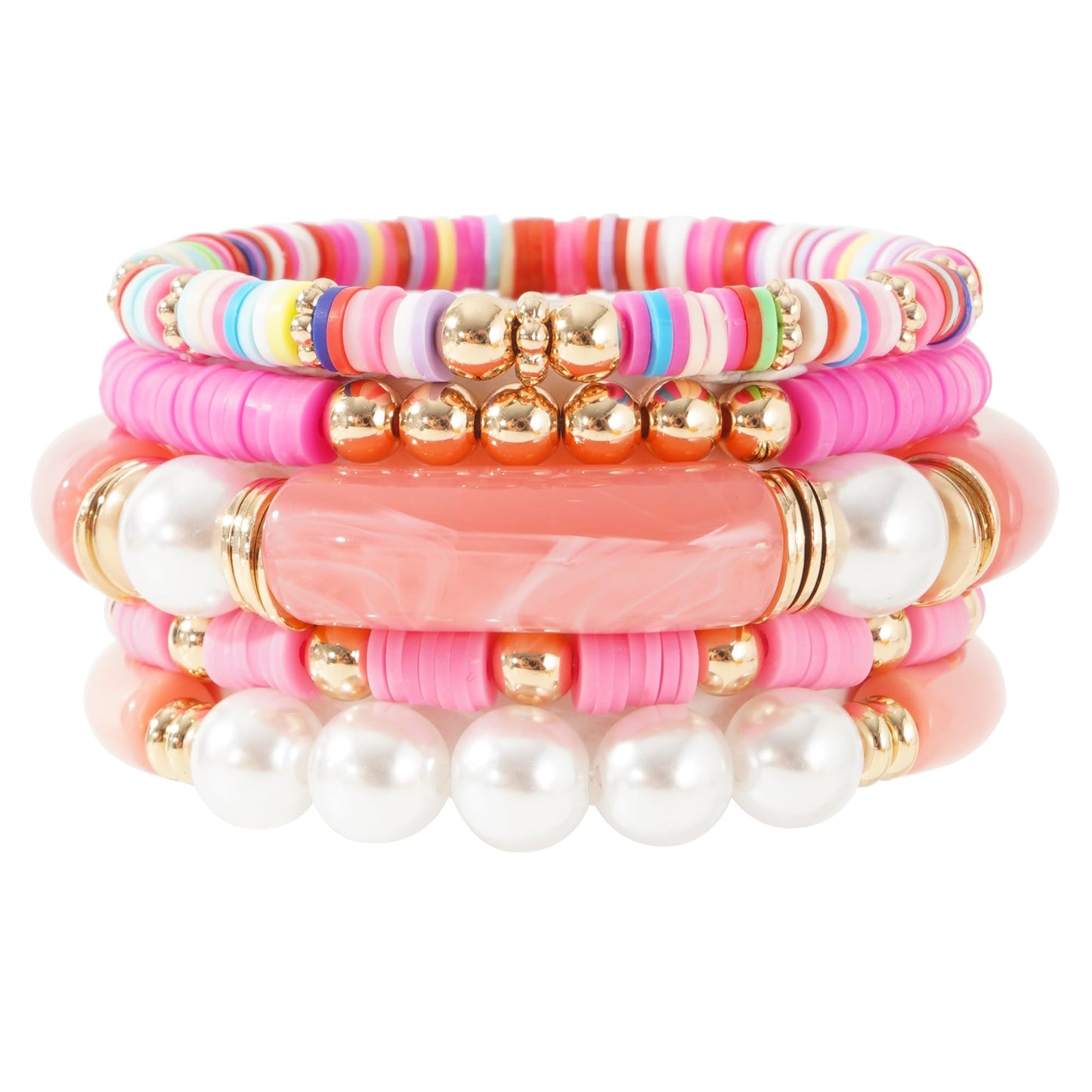 GOOJIDS Simple Beaded Gold Plated Bangles Bracelet Chunky Bamboo Tube Curved Stacking Clear Acrylic Colorful Beads Stretchable Gold Platd Bracelets Set For Women