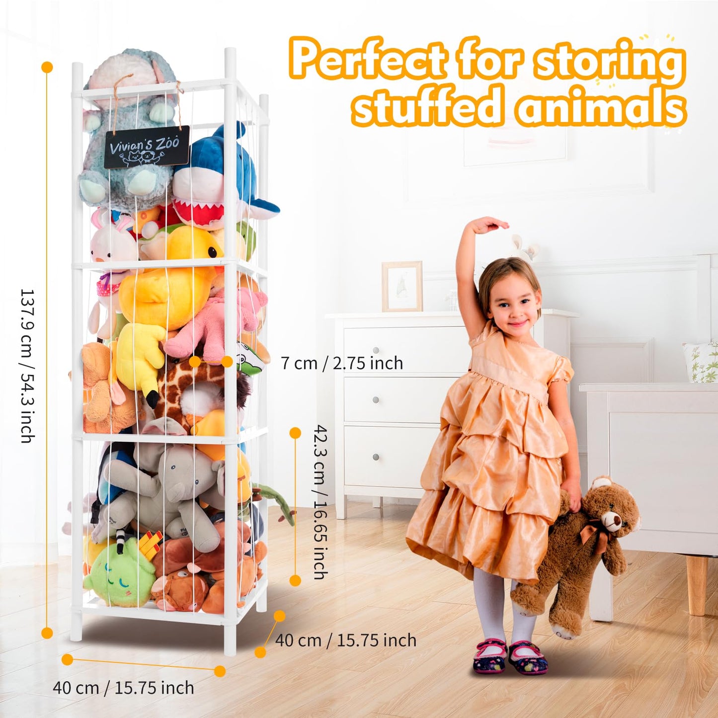 BEINGMATE Care Large Stuffed Animal Storage Organizer, Wooden Stuffed Animal Storage Zoo, Toy Holder, Space Saving Toy Tower for Kidroom, Playroom, Kid’s Gift, White