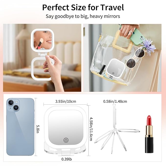 FUNTOUCH Compact Travel Mirror with Light, Rechargeable Double-Sided 1X10X Magnification with 3 Lights, Handheld Tabletop Portable Hanginig Mirror with Bag, Dimmable Touch Screen