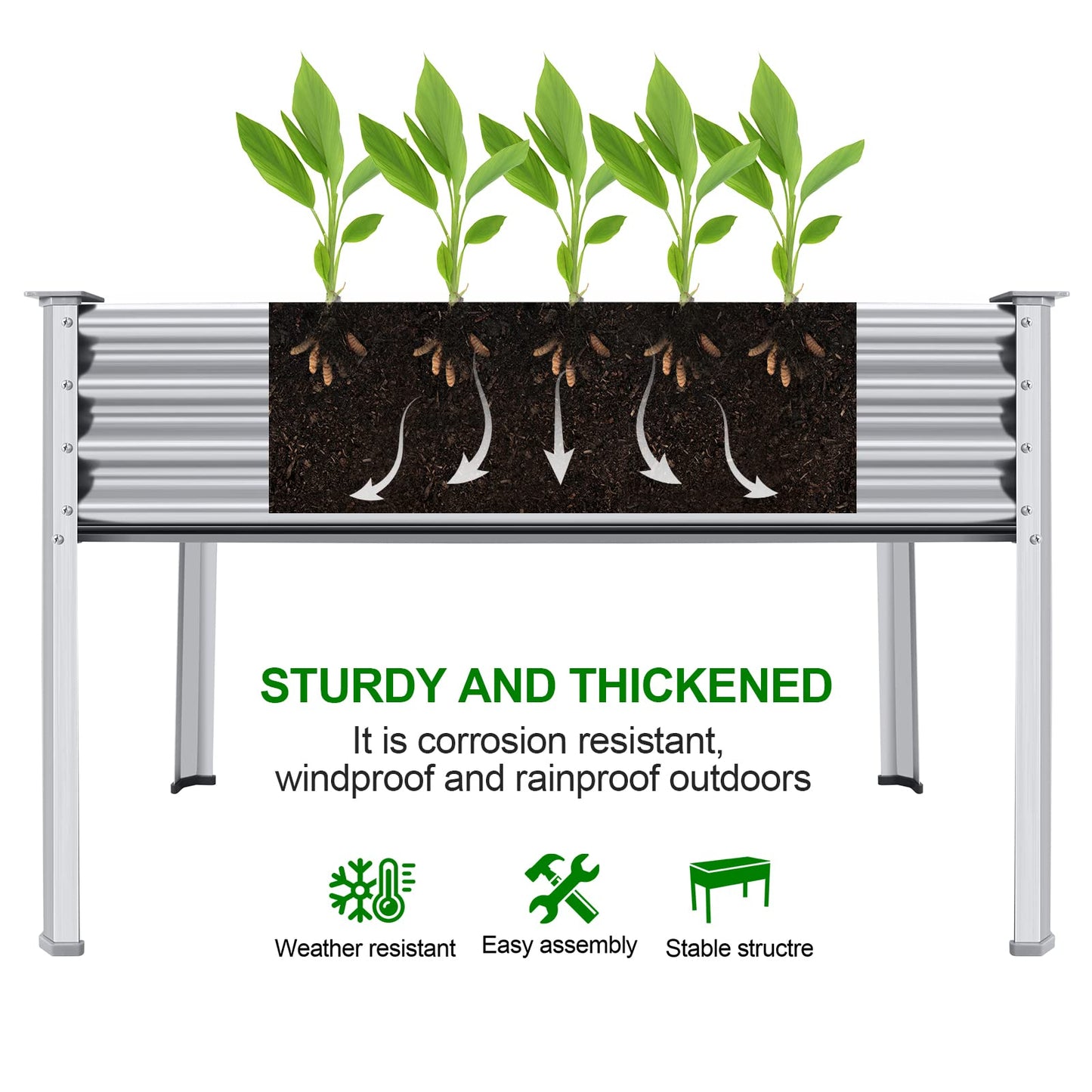 Land Guard Galvanized Raised Garden Bed with Legs, 48×24×32in Large Metal Elevated Raised Planter Box with Drainage Holes for Backyard, Patio, Balcony, 700lb Capacity