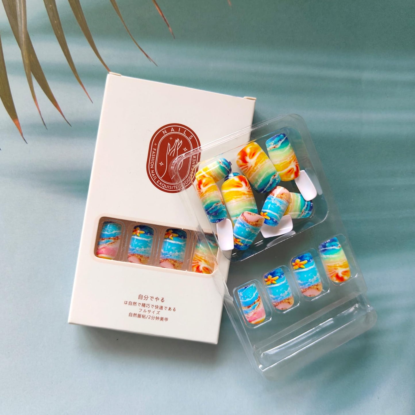 24Pcs Summer Press on Nails Short Square Fake Nails with Gradient Waves Design Golden Beach False Nails Glossy Glue on Nails Acrylic Nails Full Cover Stick on Nails for Women Manicure