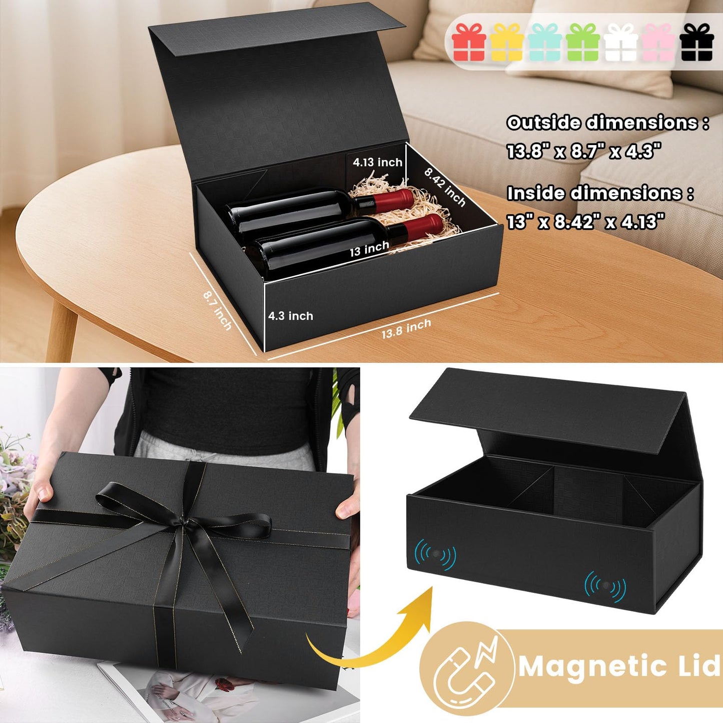 VGOODALL Black Gift Box, 14x8.7x4.3 Inches Large Gift Boxes with Magnetic Lids for Presents Anniversary Wedding Groomsman Proposal Birthday