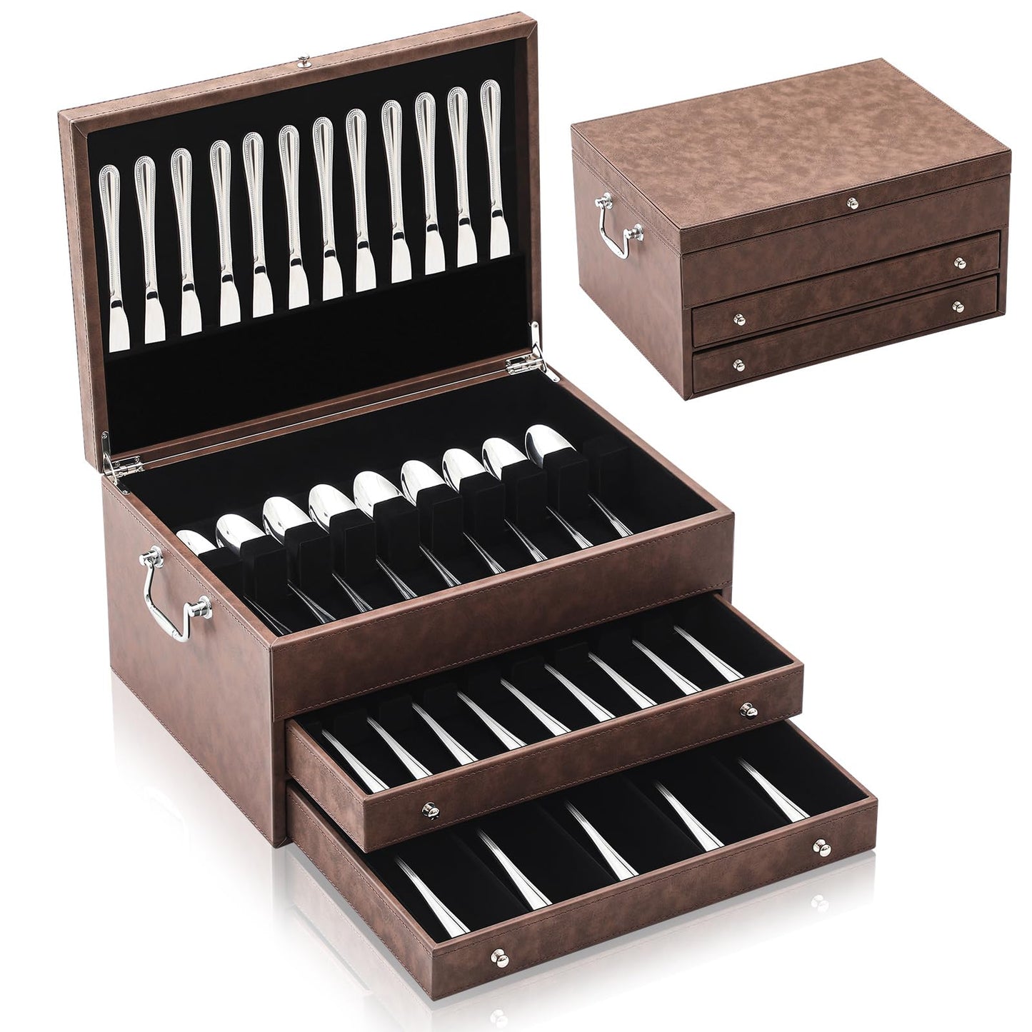 DoubleFill 3 Layer Leather Silverware Storage Box with Lid and Handles, Anti Tarnish Silverware Storage Chest Case with Felt-lined for 12-16 or More Sets of Utensils Flatware Gifts, 15.3x11.2x9 Inch