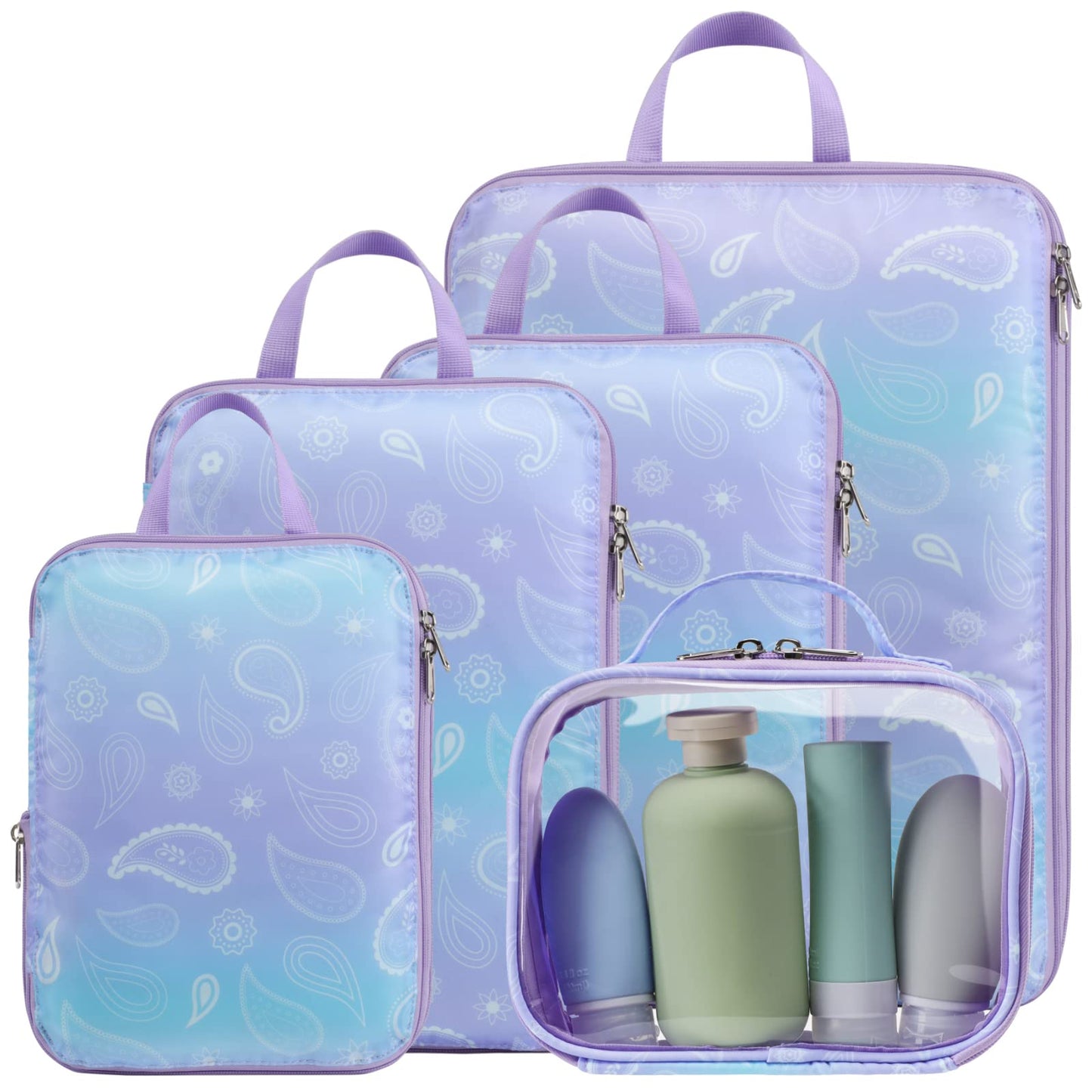 Cambond Compression Packing Cubes Travel - 5 Set Packing Cubes for Suitcases, Lightweight Expandable Luggage Organizers Space Saver Compression Cubes with Makeup Bag, White Blue Purple Gradient