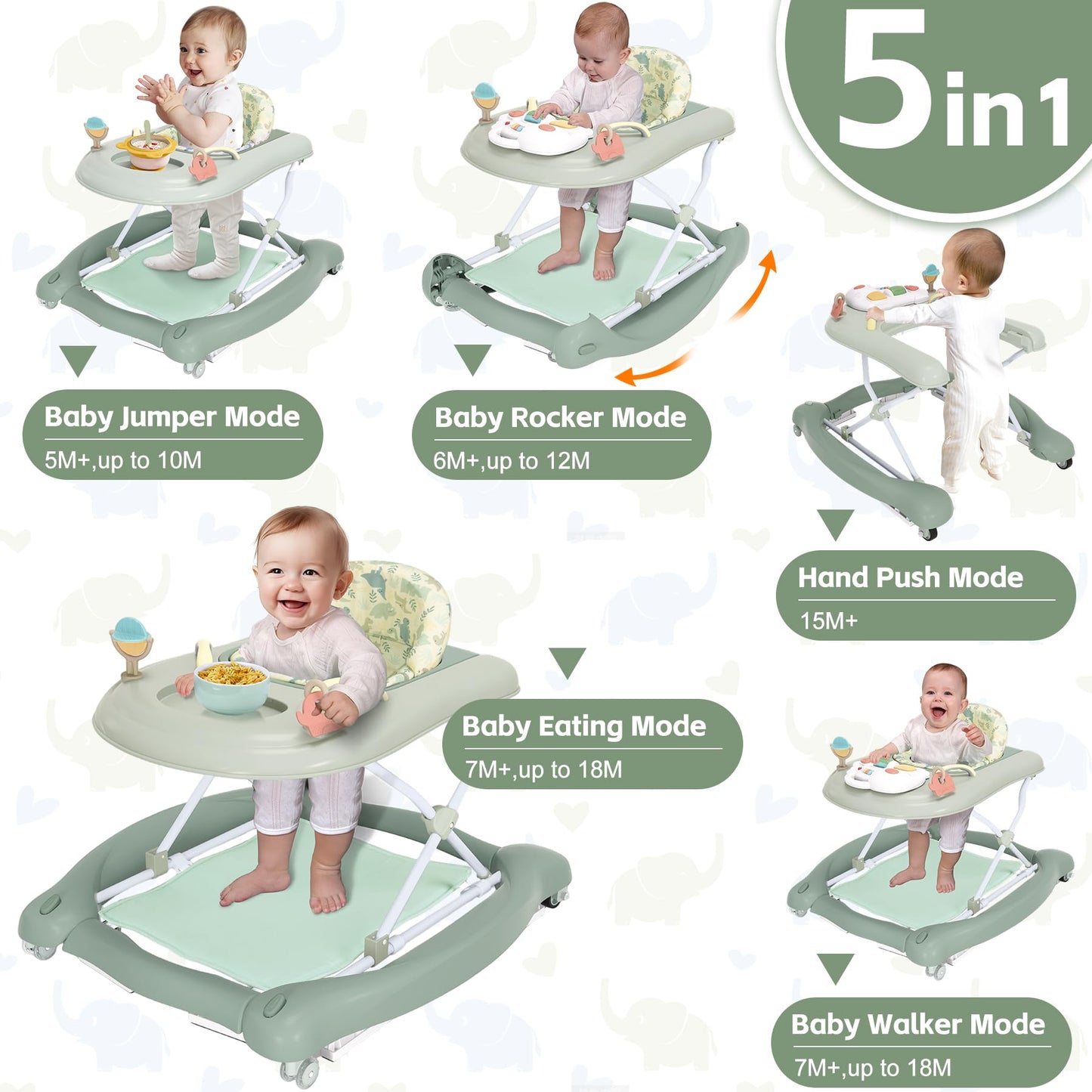 Foldable Baby 5-in-1 Activity Walker - Rocker, Activity Center, Bouncer, Seat Walker, Push Walker - Adjustable Speed Rear Wheels and Height Toys Ages 6-18 Months… (Light Green)