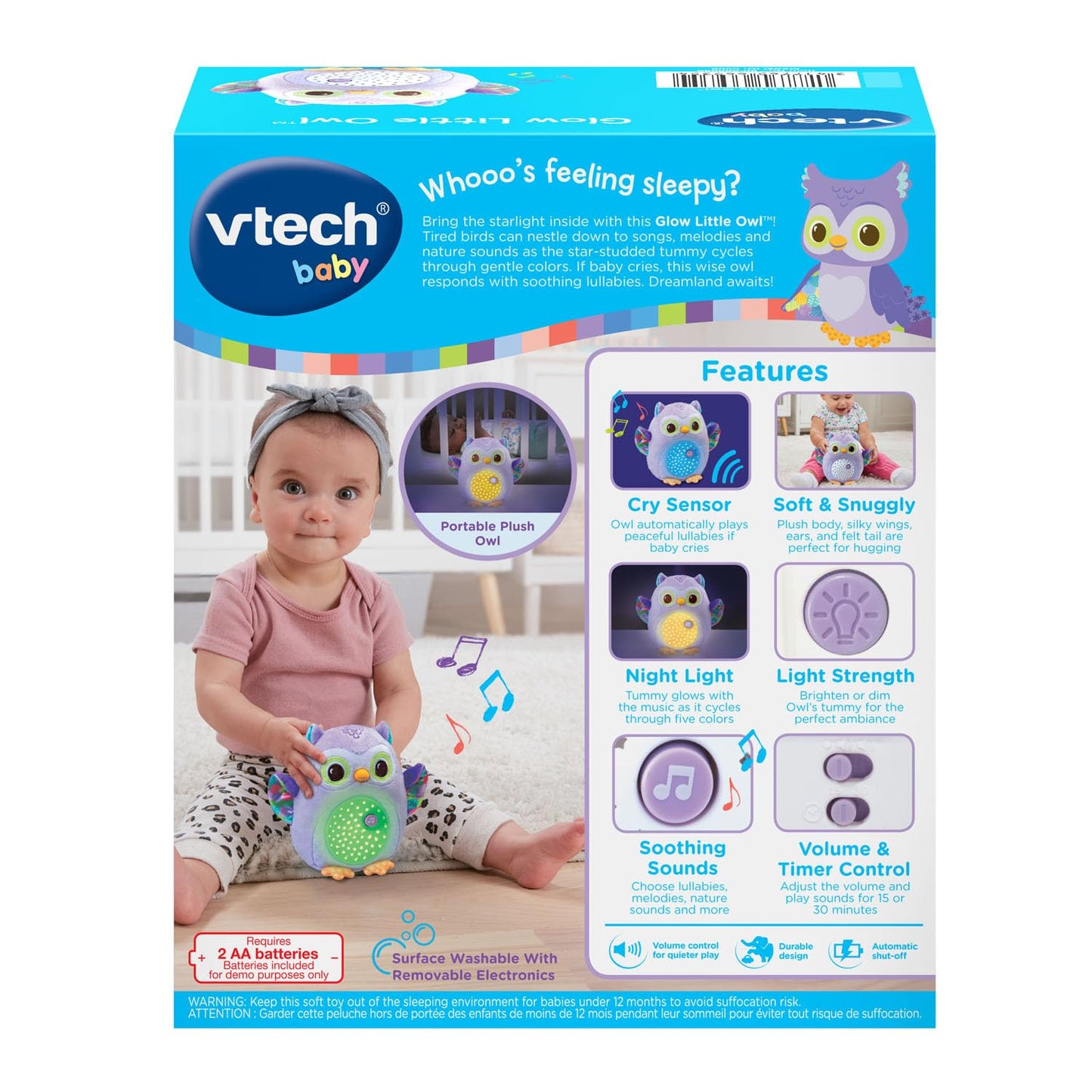 VTech Baby Glow Little Owl Sleep Soother with Cry Sensor, Music and Nature Sounds, Purple