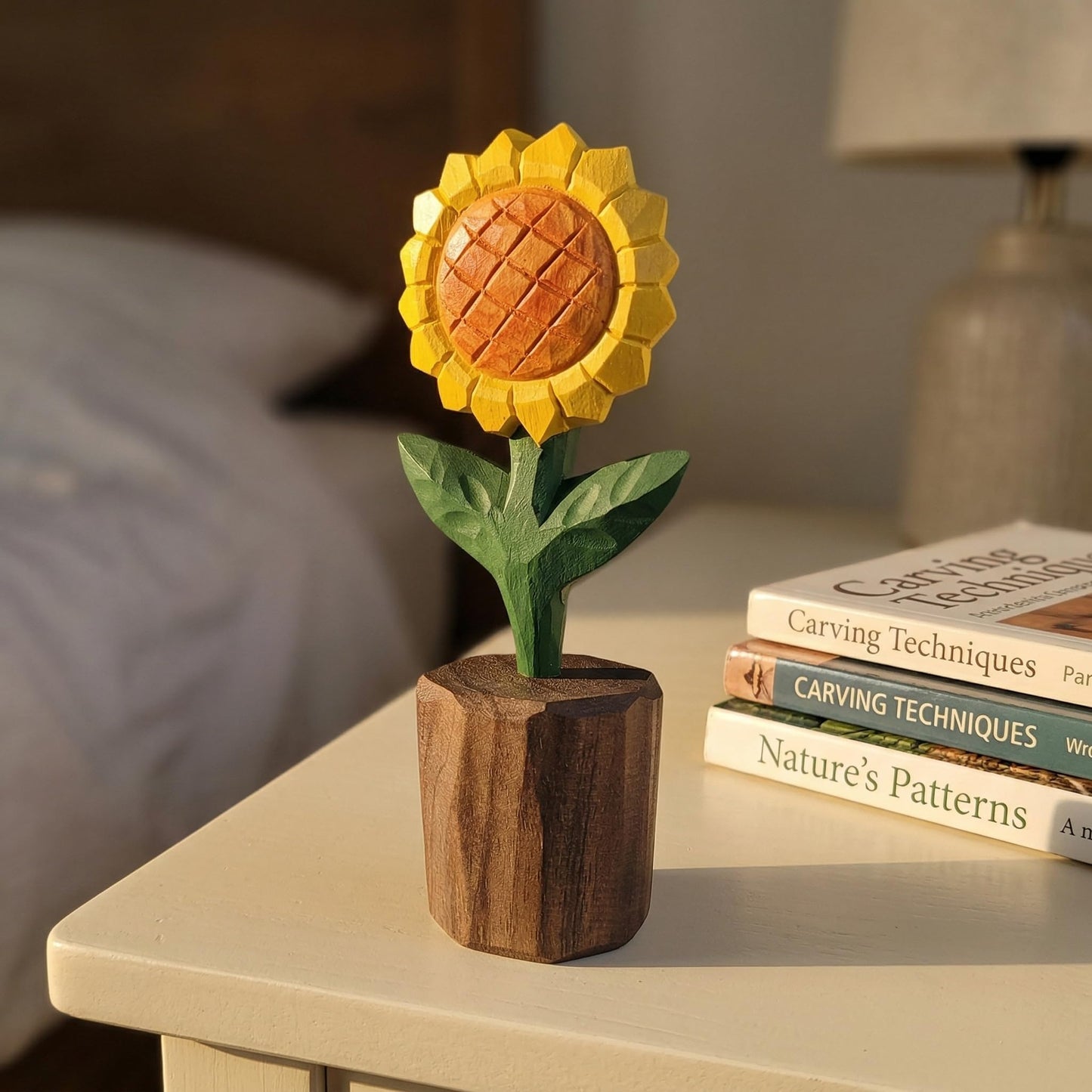Hand-Carved Wooden Sunflower Figurine – Artisan Solid Wood Flower Statue for Rustic Farmhouse Shelf Decor & Desk Accessories – Unique for Her, Mom, Teachers (5 Inch, Gift Boxed)