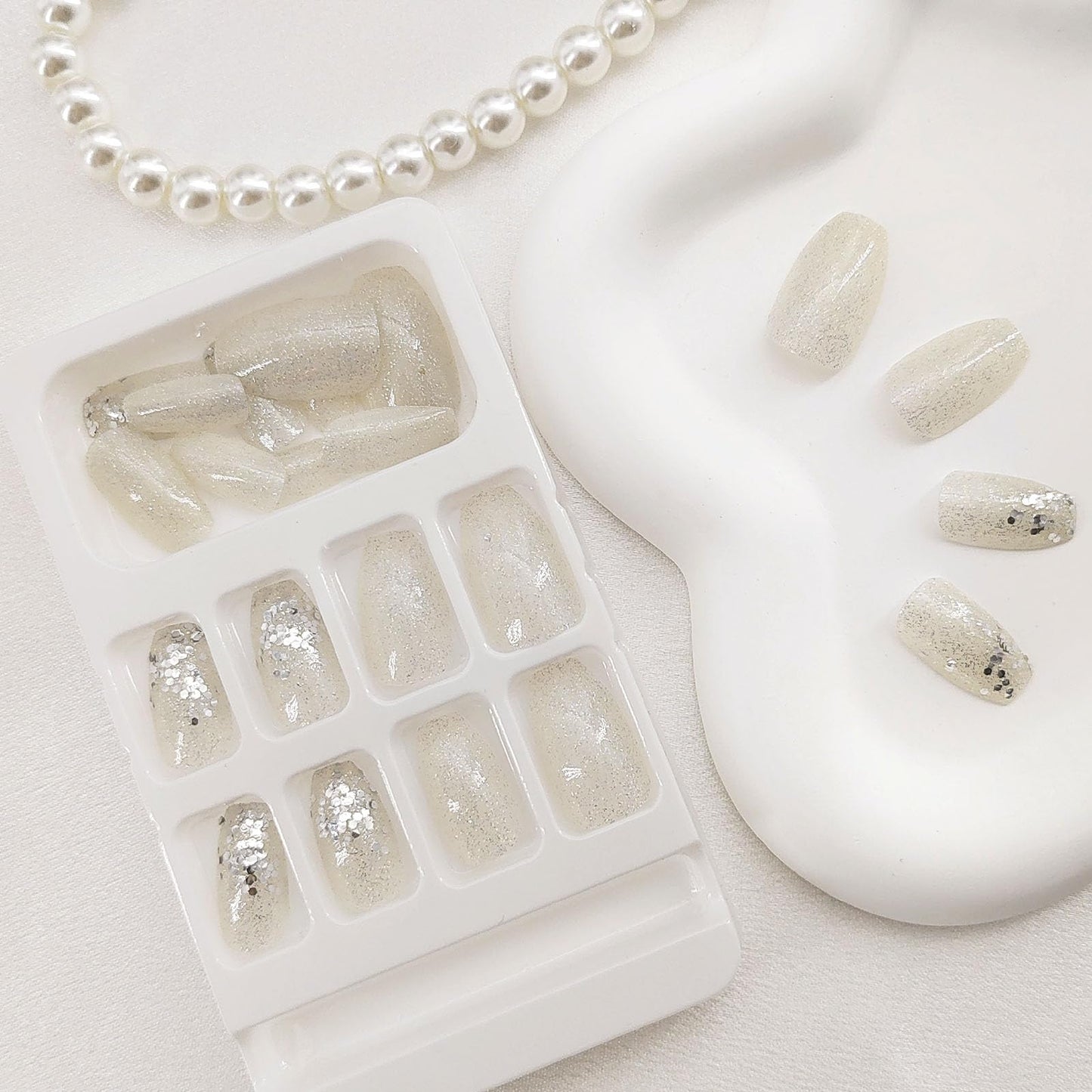 White Press on Nails Short Coffin Fake Nails Silver Glitter and Sequins Designs Glue on Nails Glossy Full Cover Acrylic Nails Simple and Natural Stick on Nails for Women 24 Pcs