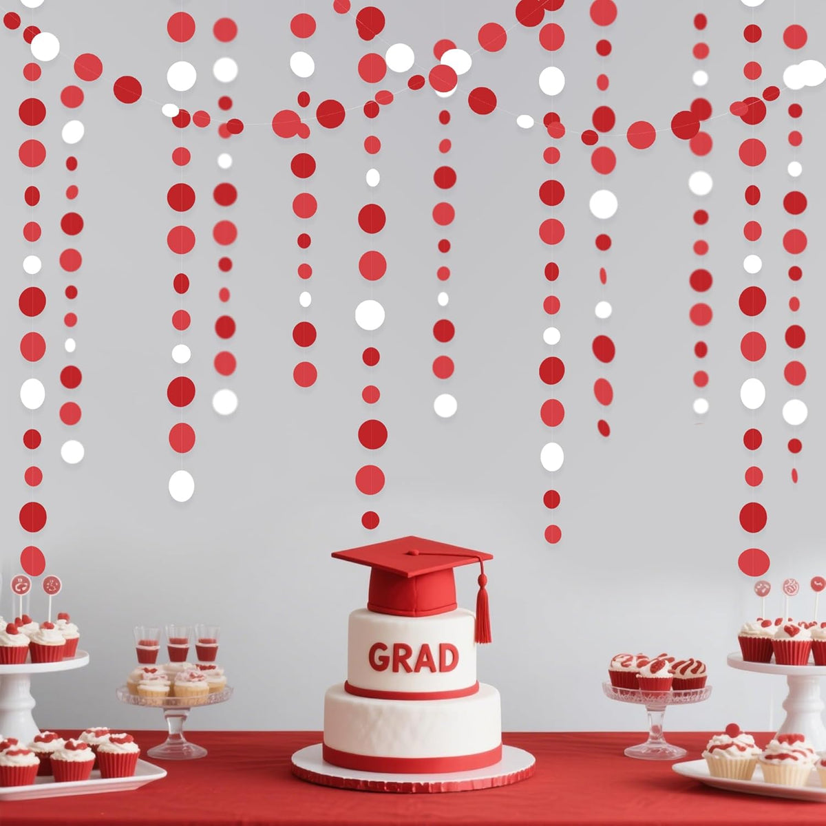 46 Ft Red Party Decorations Polka Dots Garlands Red and White Hanging Paper Circle Dots Streamer for Valentines Anniversary Birthday Graduation Wedding Christmas Holiday Bridal Shower Party Supplies