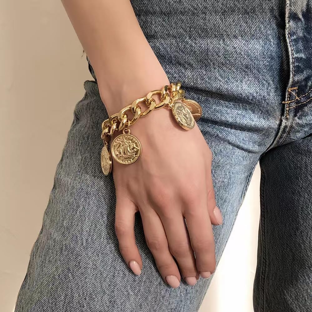 YUEKISEN Chunky Chain Dangle Bracelet Punk Cuban Curb Link Chain Bangle Vintage Gold Moroccan Coin Statement Jewelry for Women